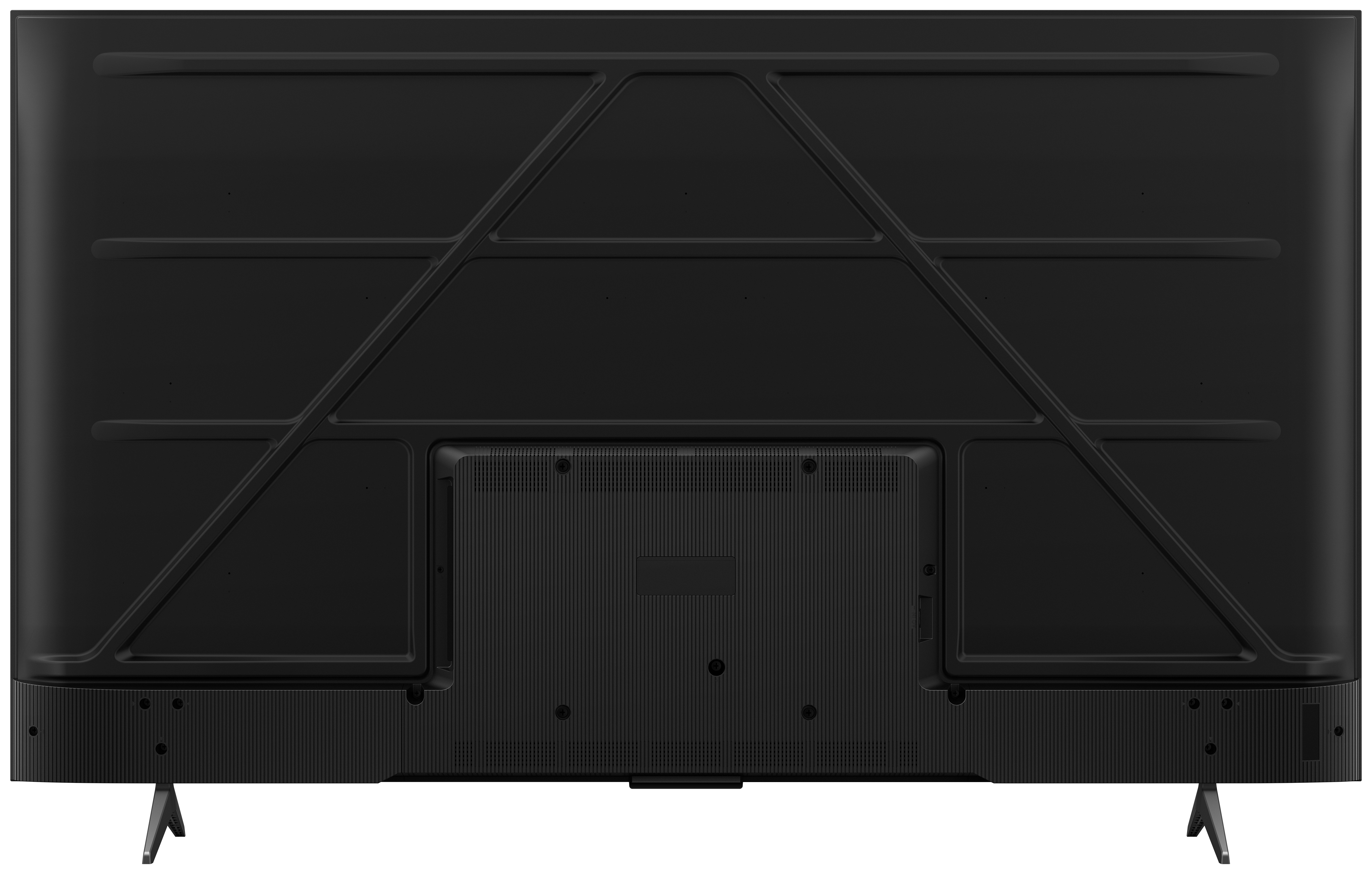 Widok z tyłu czarnego telewizora z wzorzystym tyłem, wspieranego przez dwie czarne nóżki.