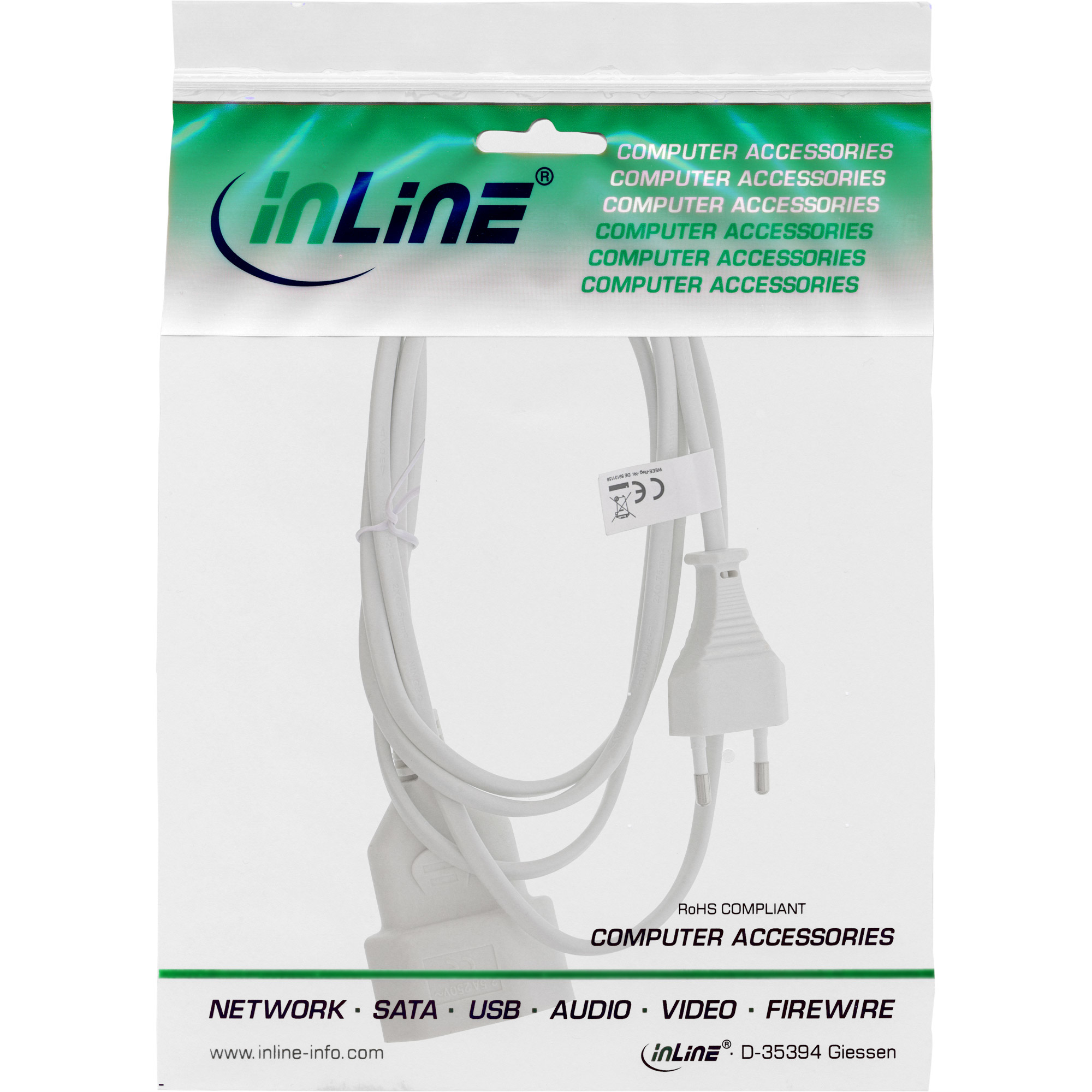 Weißes Netzkabel in einer transparenten Plastiktüte. Das Kabel hat einen Stecker, mit mehreren Drähten.