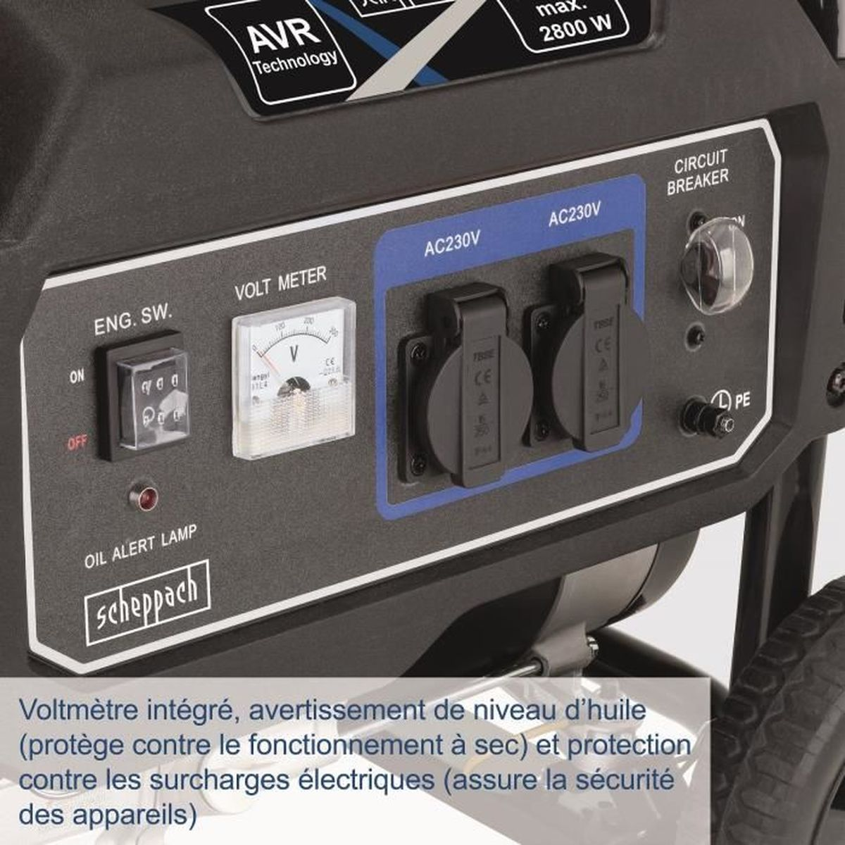 Close-up of a generator control panel with switches, volt meter, and power outlets.