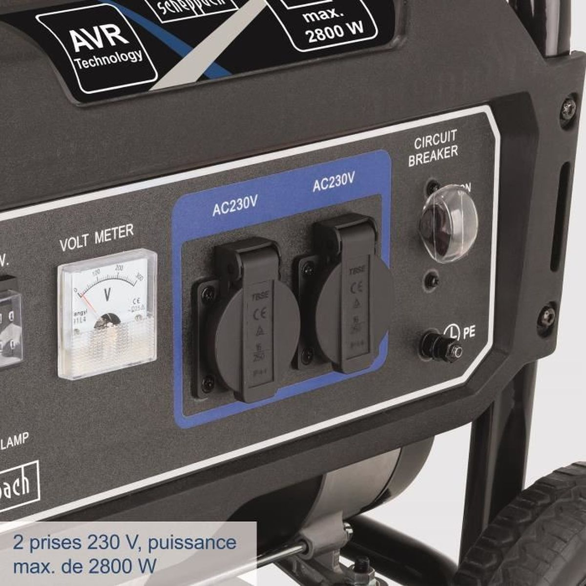 Close-up of a generator control panel with AC outlets, volt meter, and circuit breaker.
