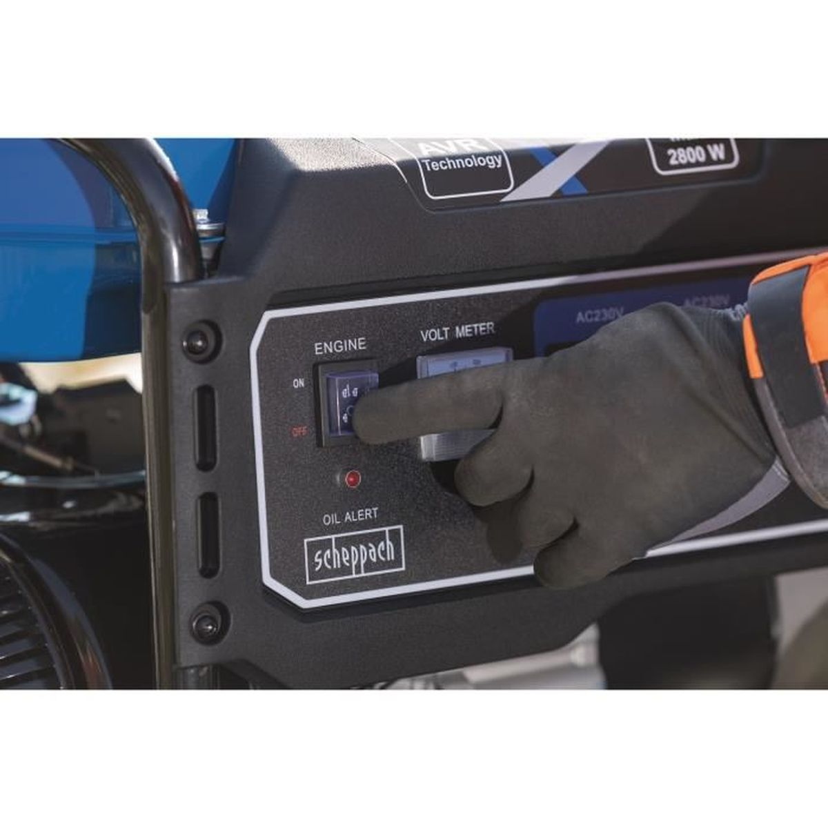 A hand in black gloves presses the engine switch on a black and blue generator panel.