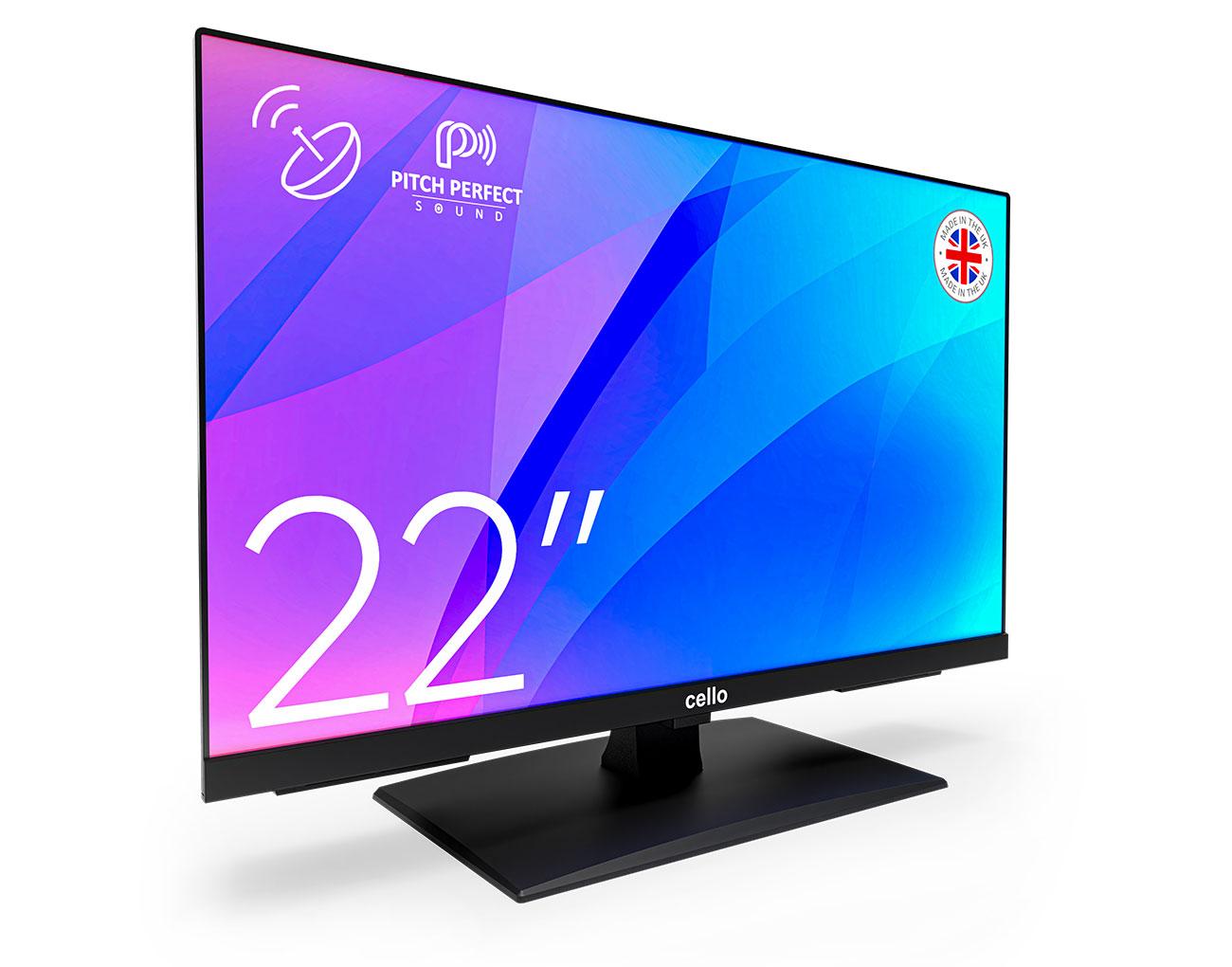 22 Zoll Cello TV. Schwarzer Rahmen, schwarzer Ständer, blau-violetter Bildschirm.
