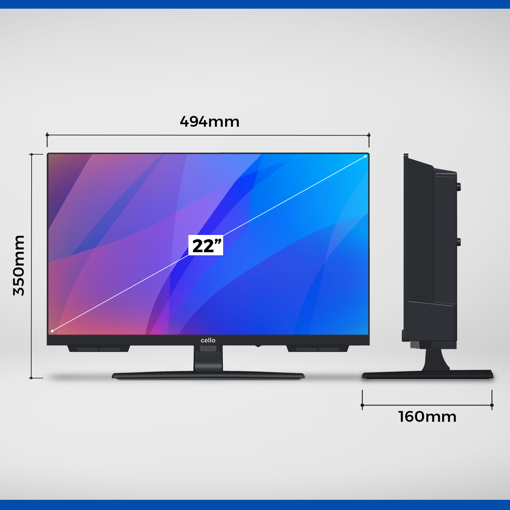 22-Zoll Cello TV-Abmessungen. Vorderansicht und Seitenansicht, mit Maßen.