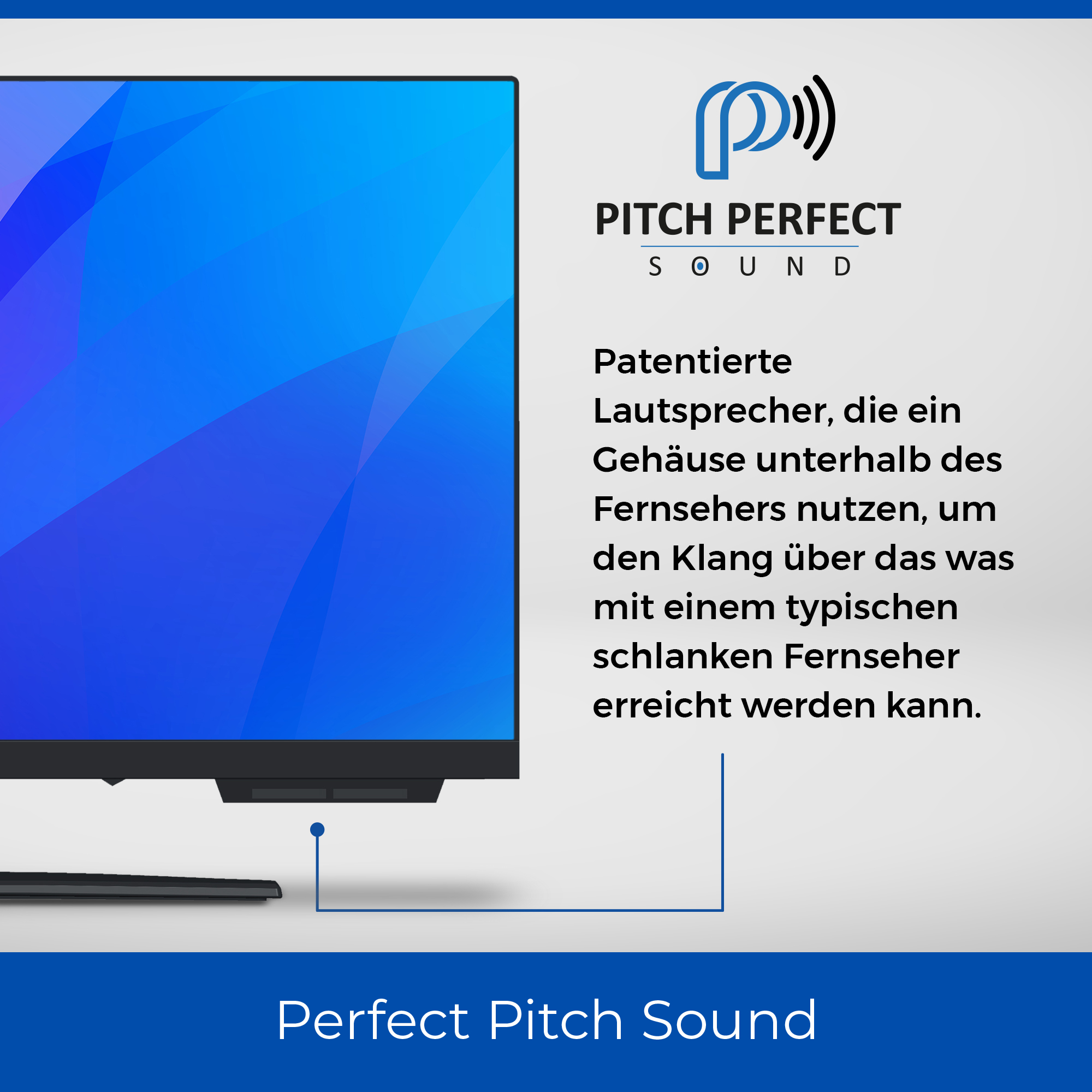 Ein Fernsehbildschirm mit blauem Hintergrund. Darunter steht der Text 'Perfect Pitch Sound' und deutscher Text.