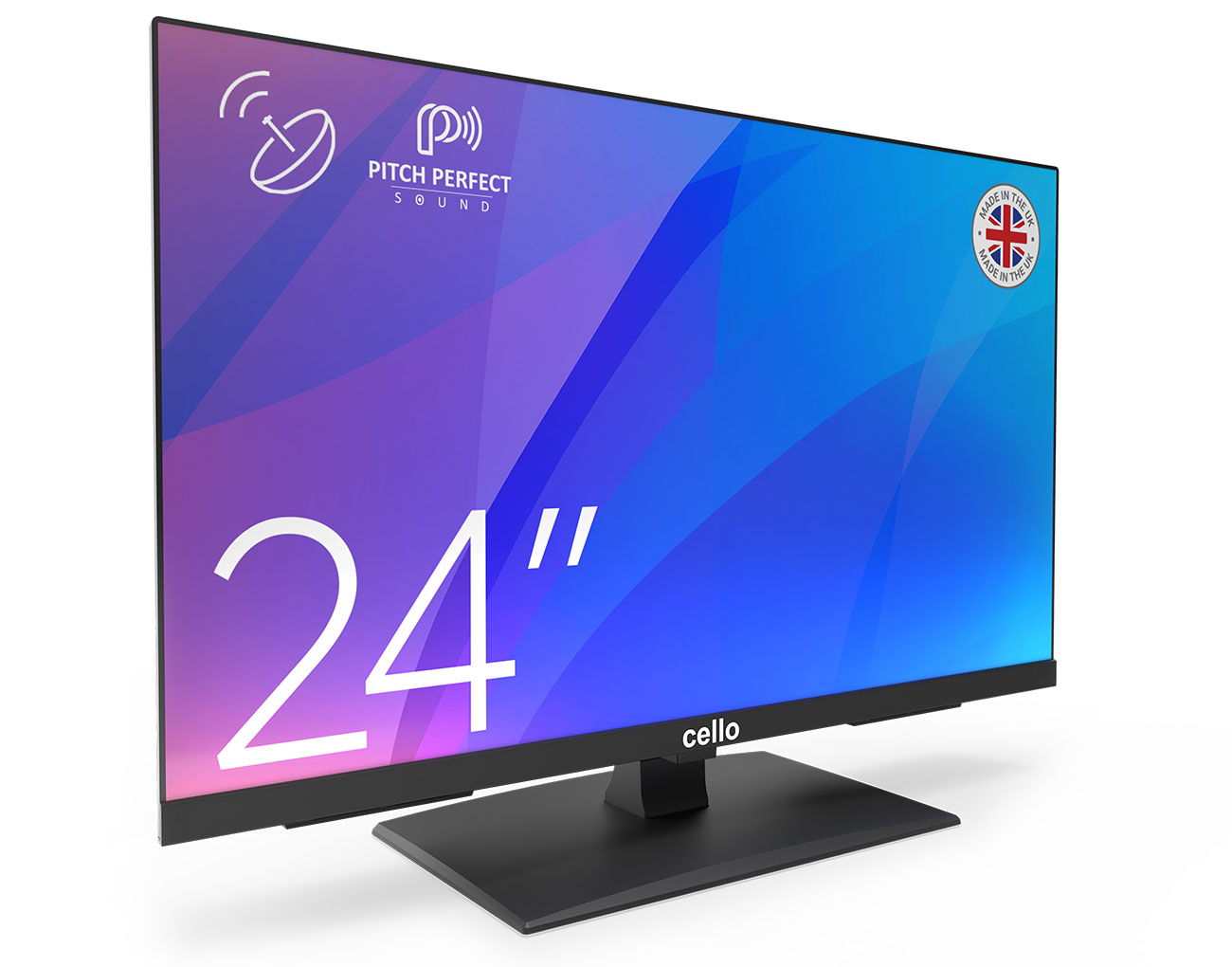 Ein 24-Zoll-Cello-Fernseher, der einen farbenfrohen Bildschirm anzeigt, mit einem Logo und Text über Pitch Perfect Sound.