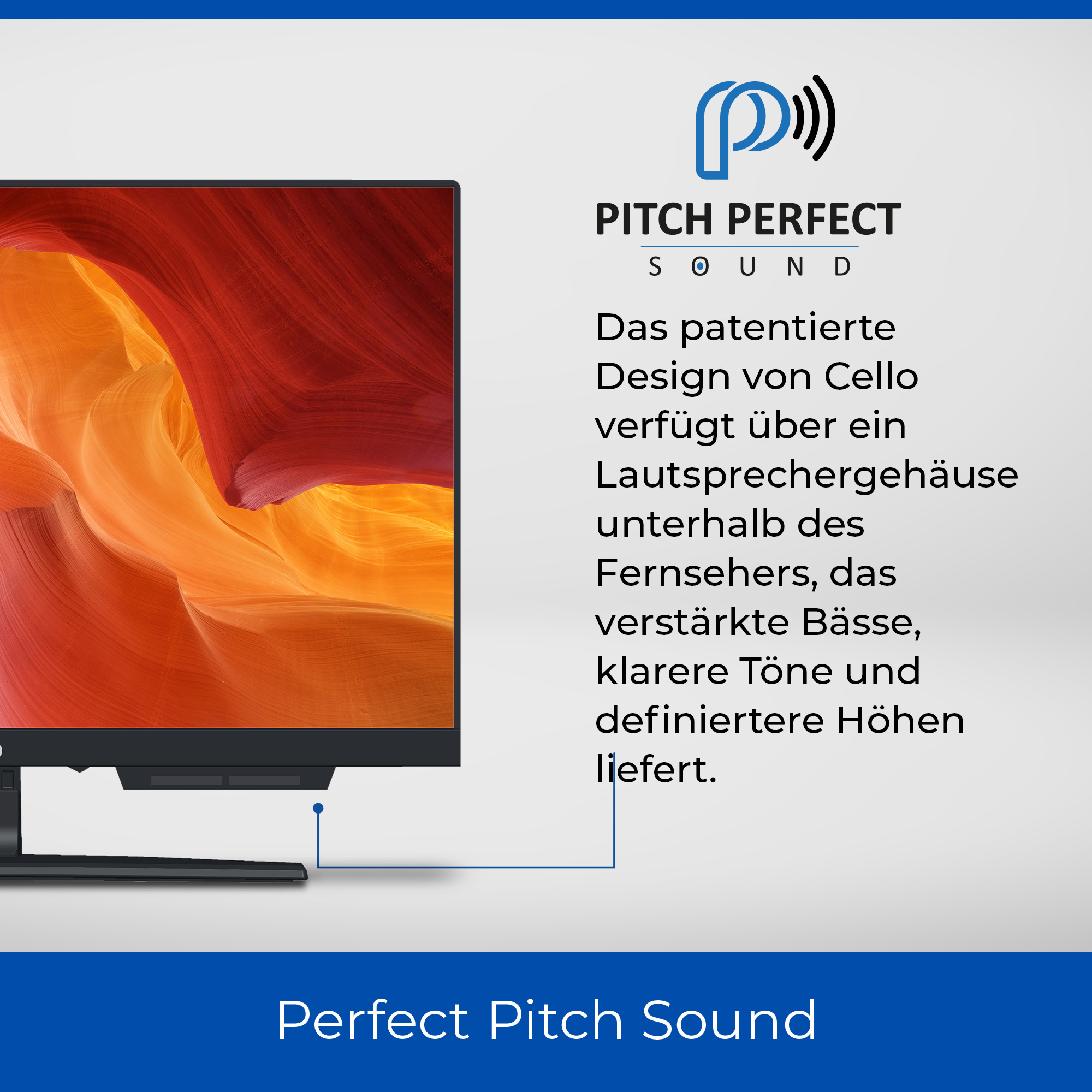 Fernsehbildschirm zeigt abstrakte Kunst mit Text und einem blauen Kabel. Perfekter Pitch Sound steht unten.