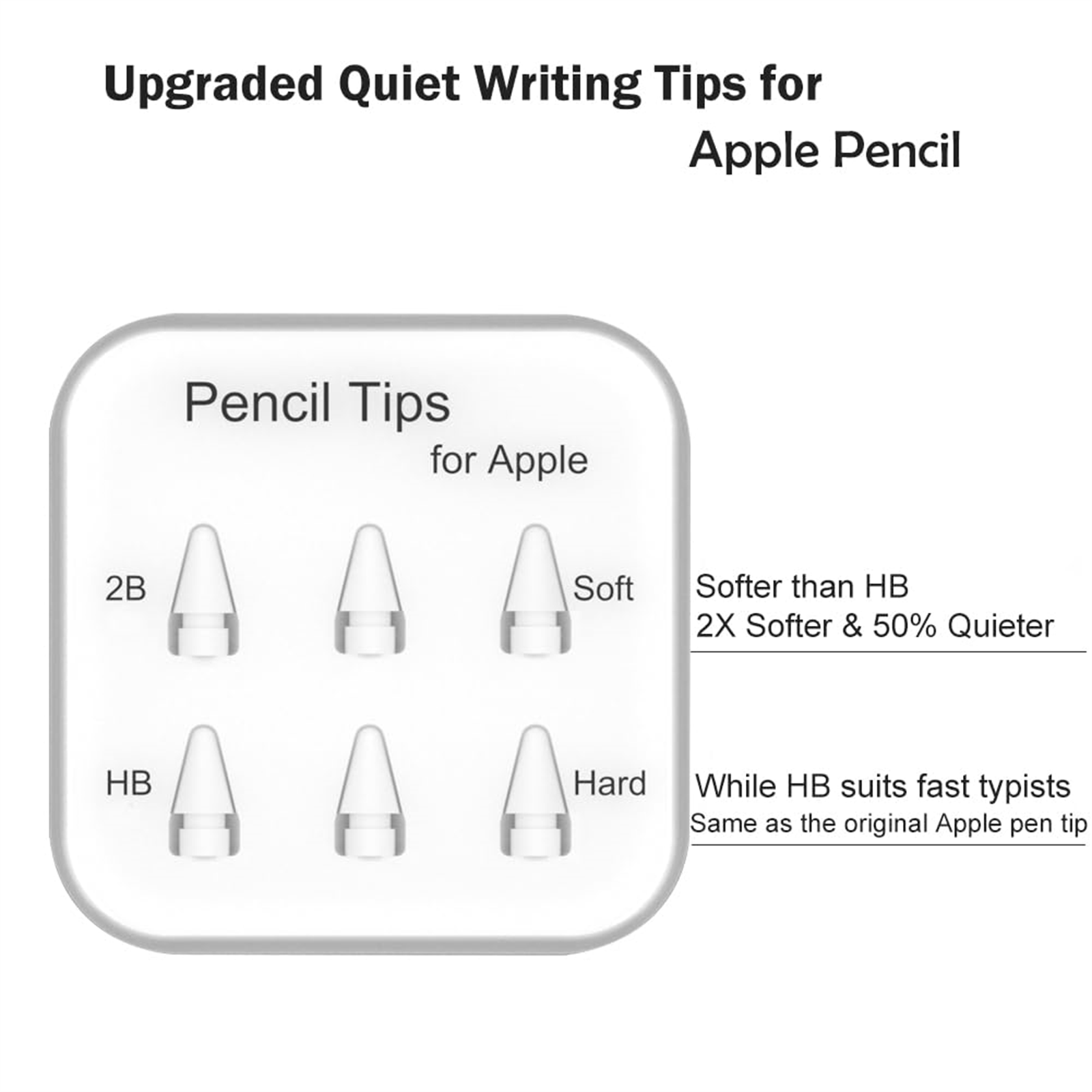 Apple Pencil Spitzen. Weiche und harte Spitzen. Verpackung. Weißer Hintergrund.