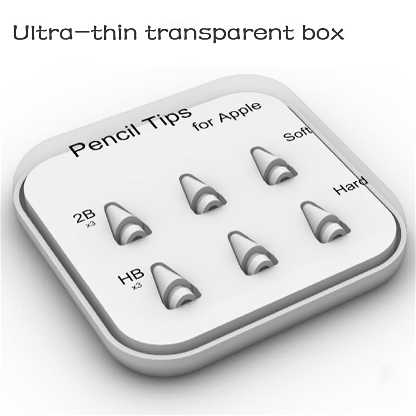 Eine transparente Box mit Stiftspitzen. 'Pencil Tips for Apple' ist aufgedruckt.