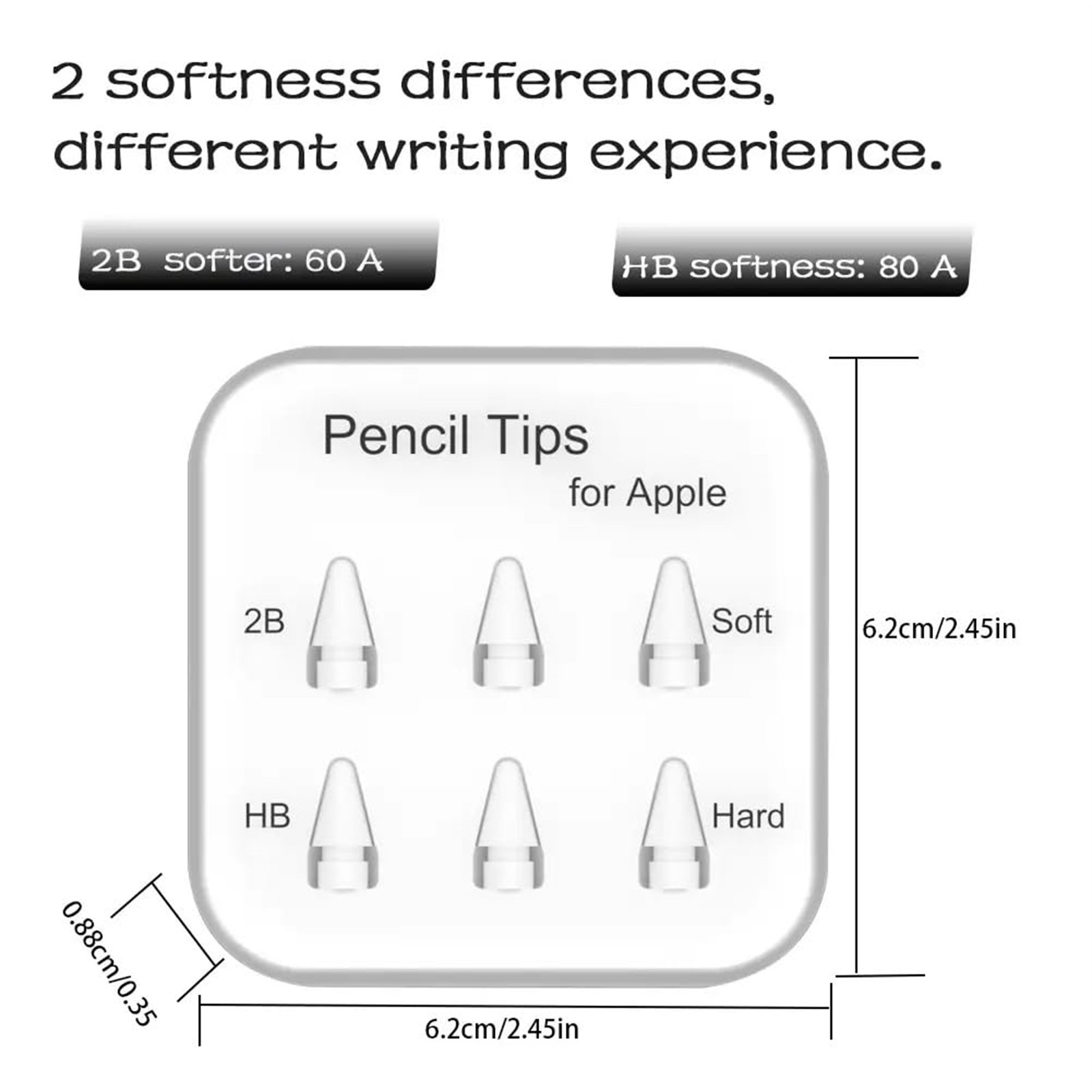 Bleistiftspitzen für Apple, mit unterschiedlichen Härtegraden, plus Abmessungen.