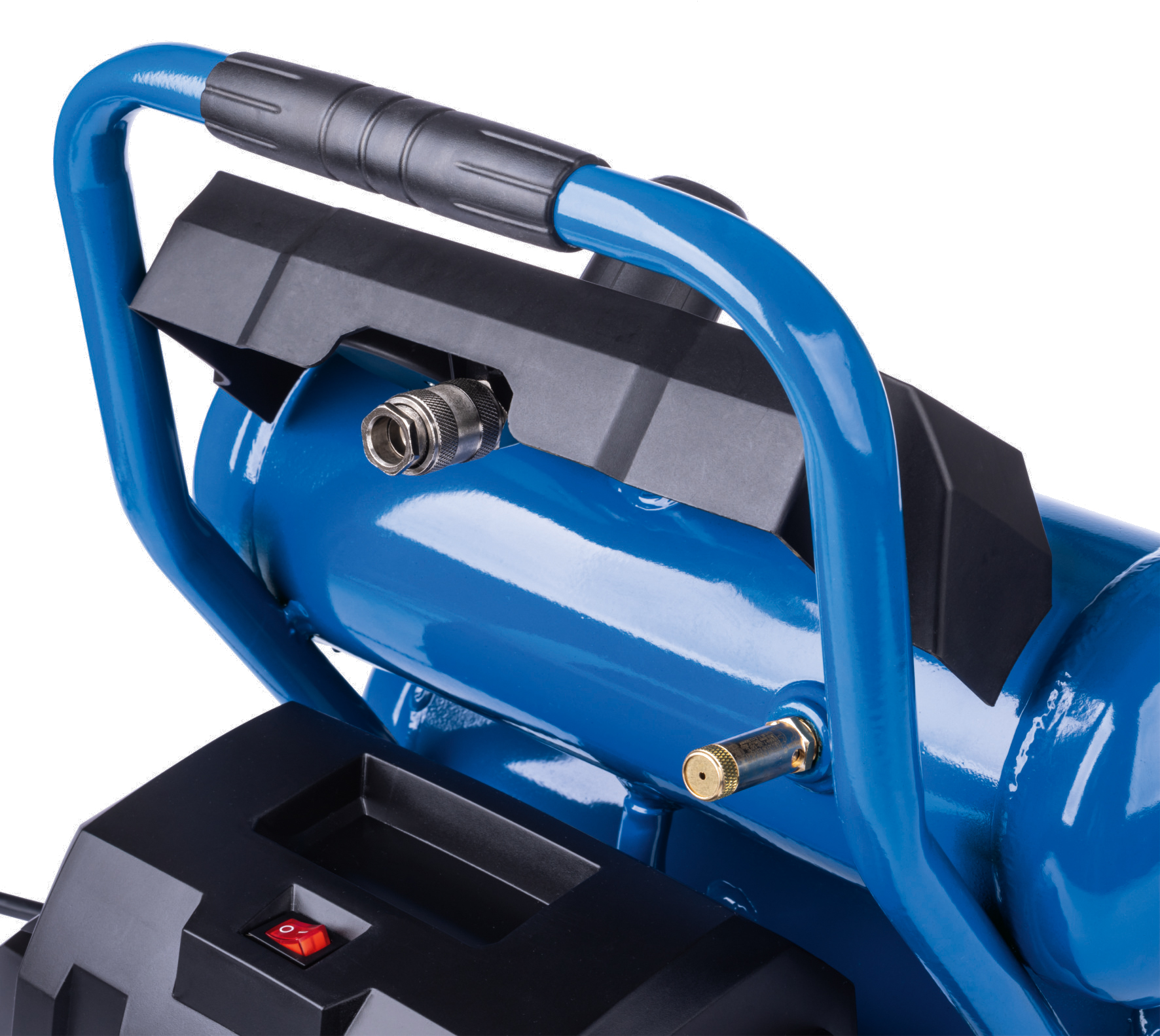 Close-up van de blauwe luchtcompressor, met de handgreep en een aansluitpunt.