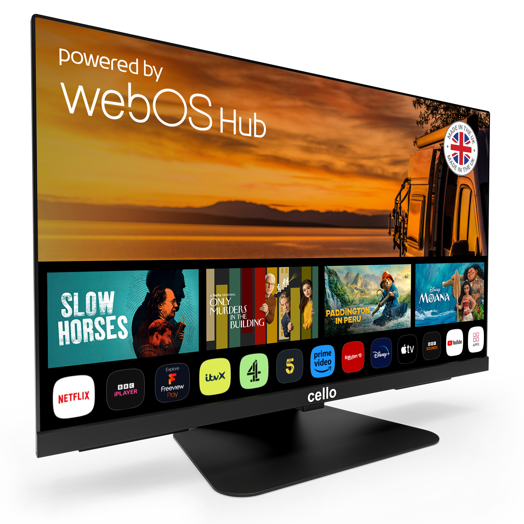 Schwarzer Fernseher mit Streaming-Diensten auf dem Bildschirm. Angetrieben von webOS Hub. Marke Cello unten.