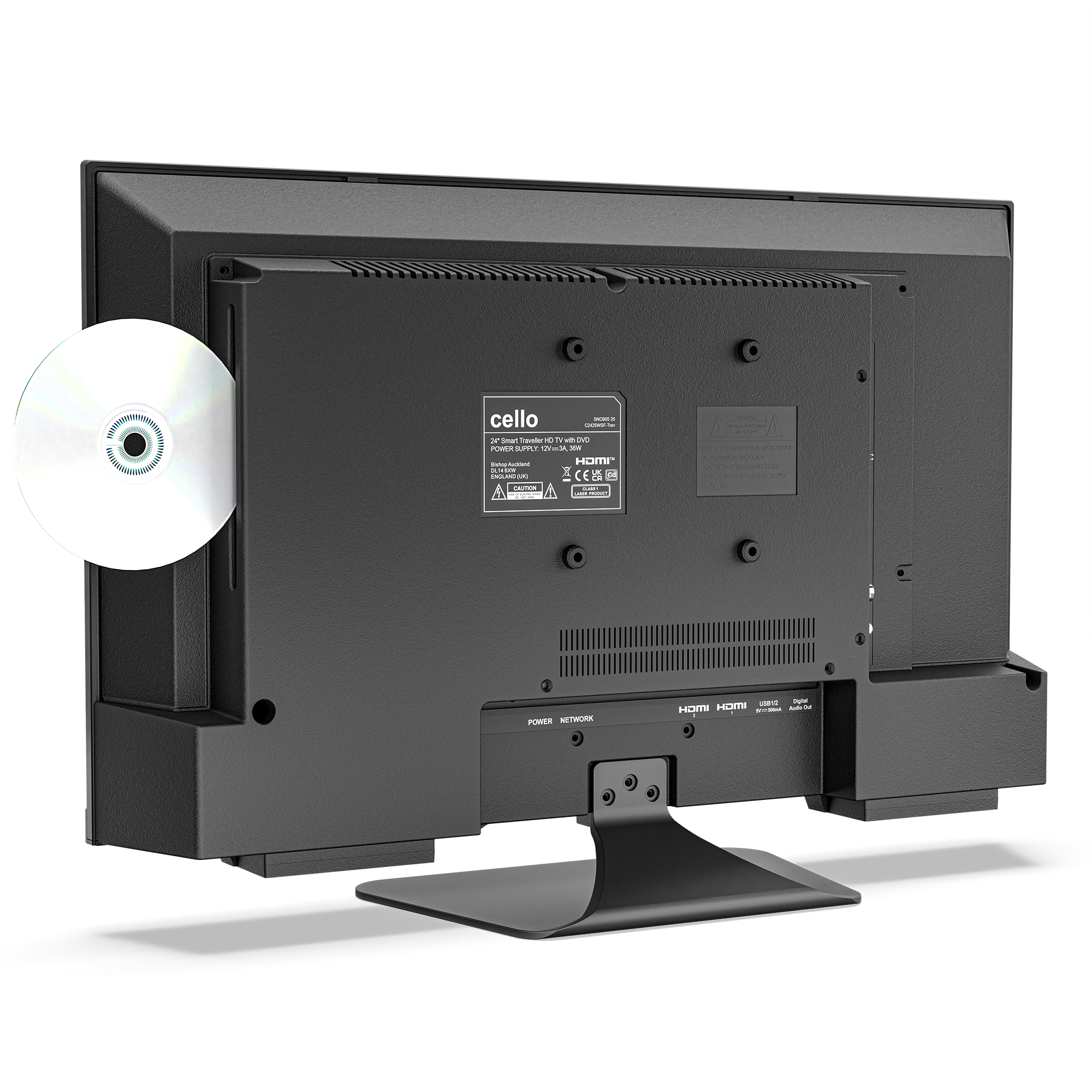 Rückseite eines schwarzen Fernsehers mit Disc, sichtbaren Anschlüssen und der Marke Cello. Etiketten vorhanden.
