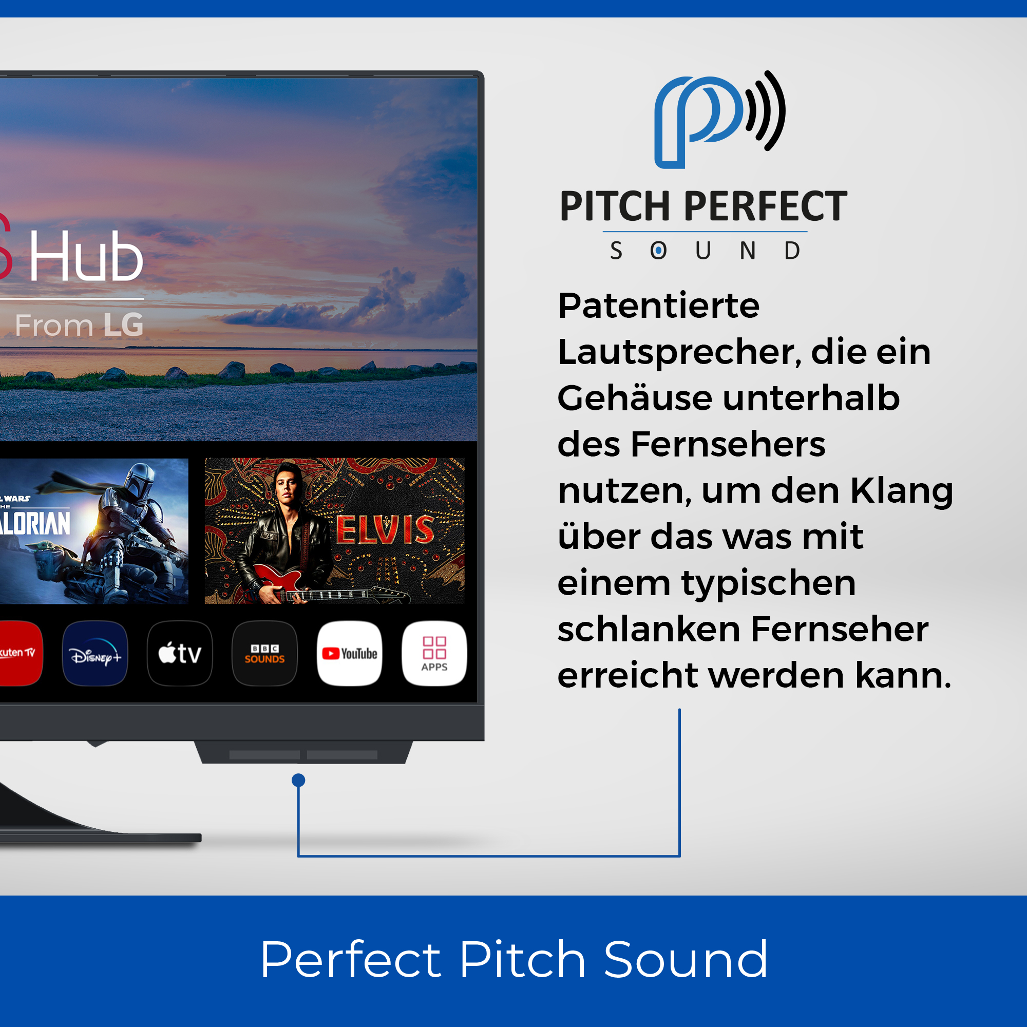Ein schwarzer LG-Fernseher, der einen Streaming-Dienst mit Miniaturansichten von Filmen anzeigt, Pitch Perfect Sound-Logo rechts.