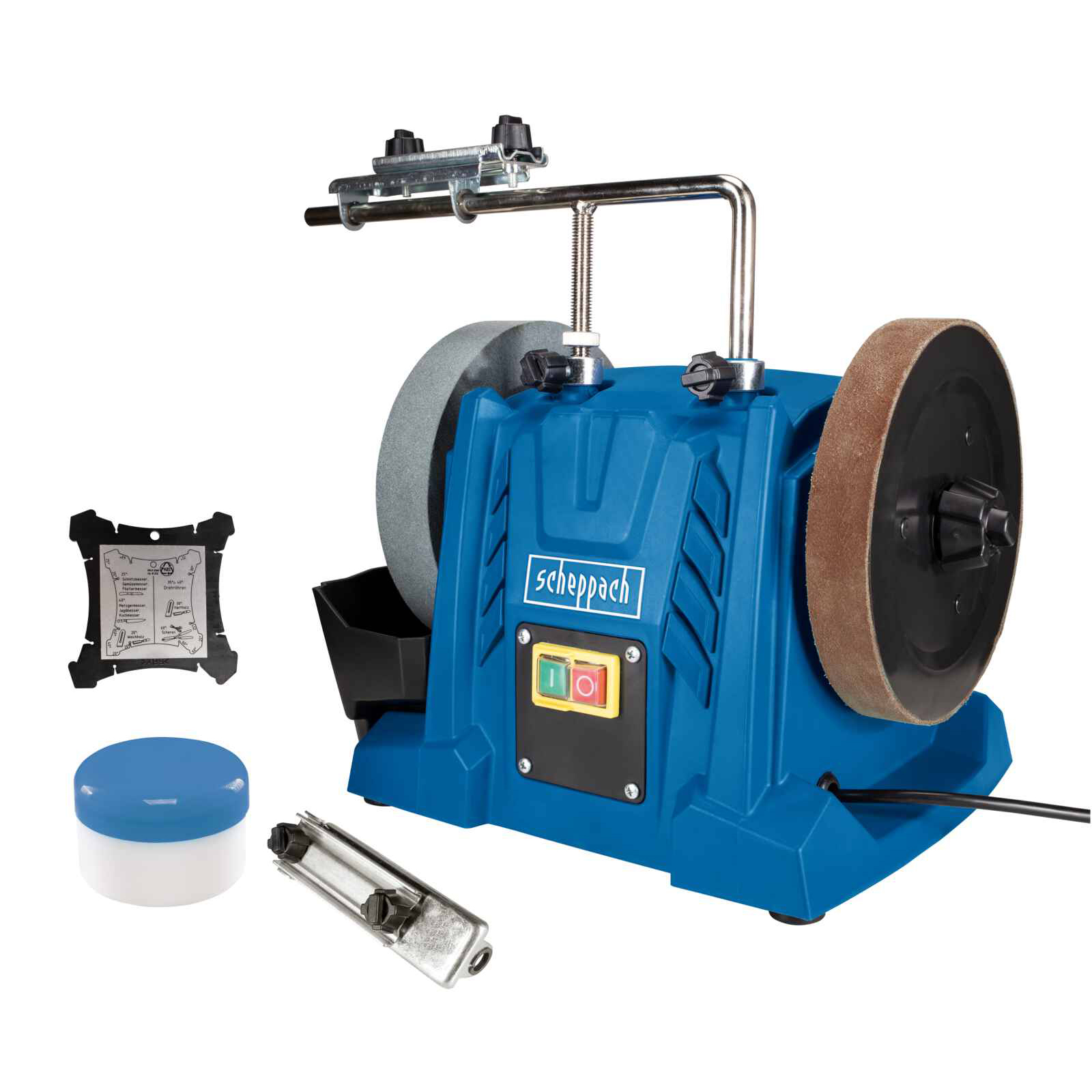 Smerigliatrice da banco blu con due mole, accessori e un supporto per utensili. Marchio Scheppach.