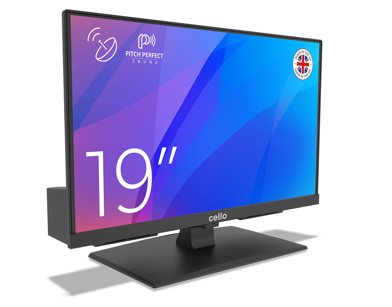 Ein 19-Zoll-Schwarz-Flachbildfernseher mit Ständer und dem Text 'PITCH PERFECT SOUND'.