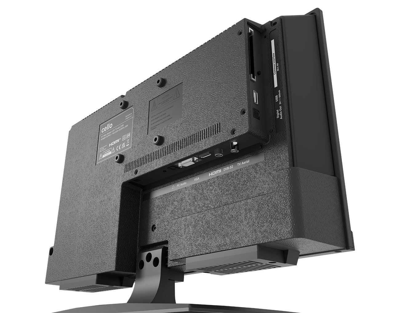 Rückseite eines schwarzen Cello-Fernsehers mit Anschlüssen, Belüftung und Etiketten.