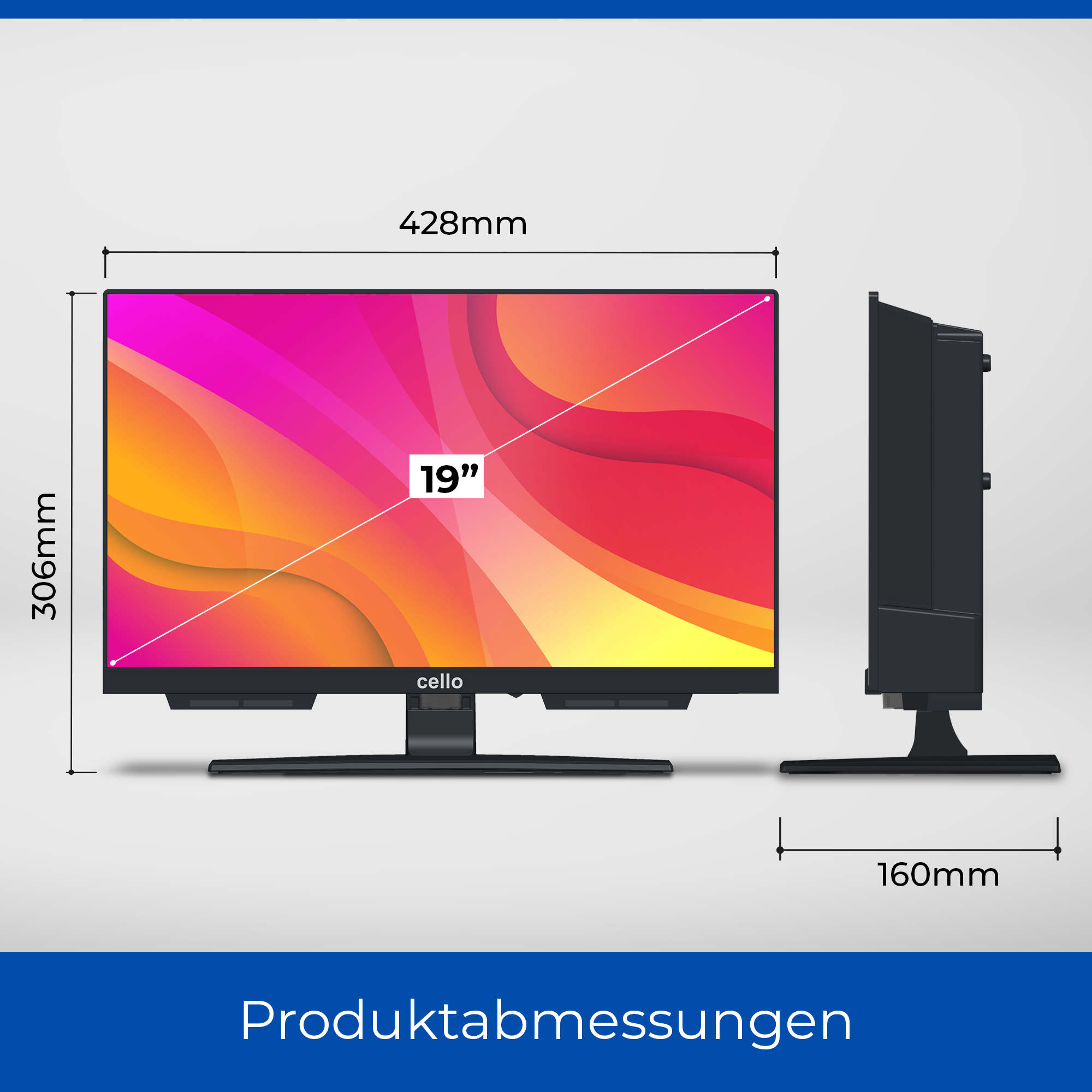 Ein 19-Zoll-Schwarz-TV mit Abmessungen und Beschriftungen: 'Produktabmessungen' und 'Cello'.