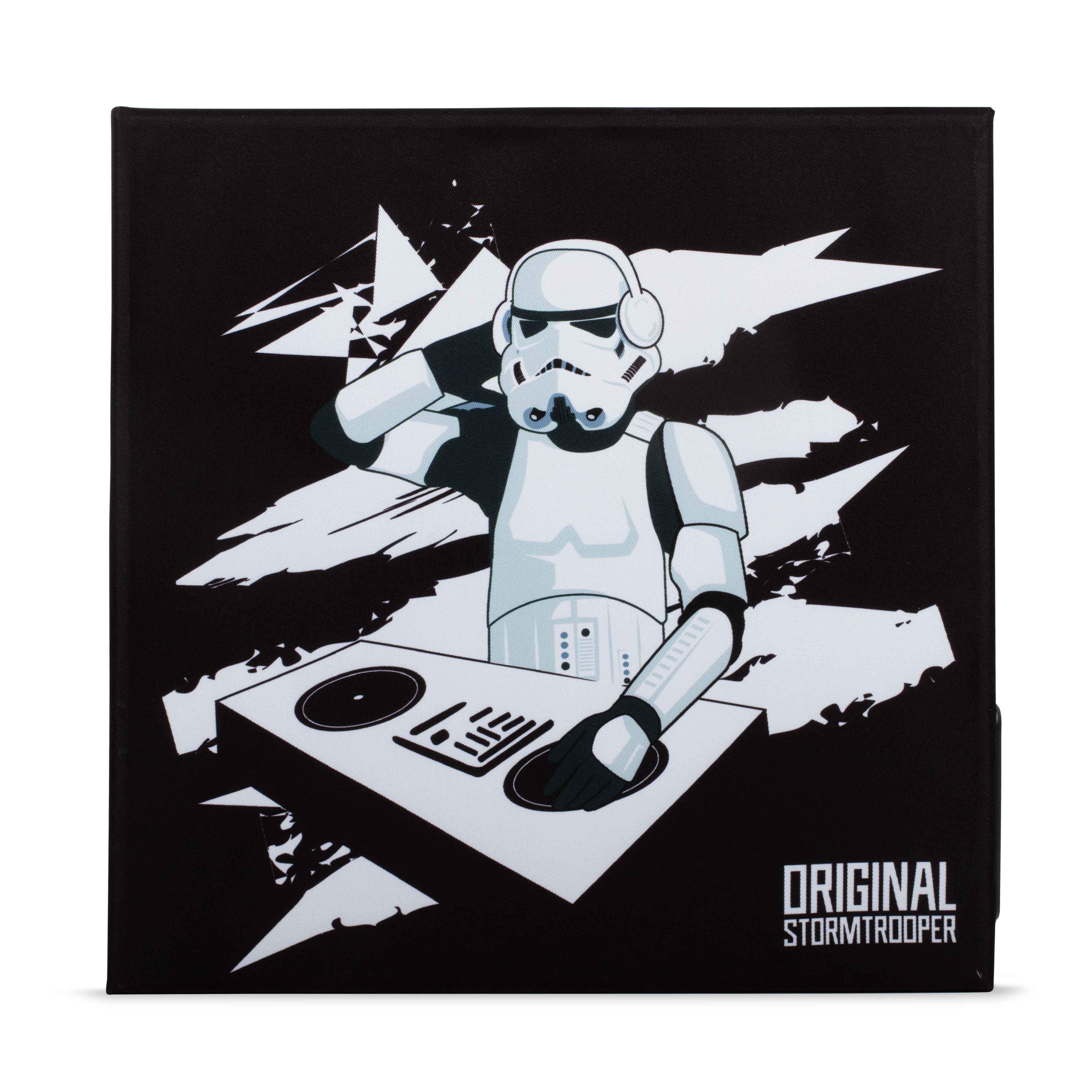 Vierkante canvas art van een Stormtrooper DJ, zwarte achtergrond, witte figuren.