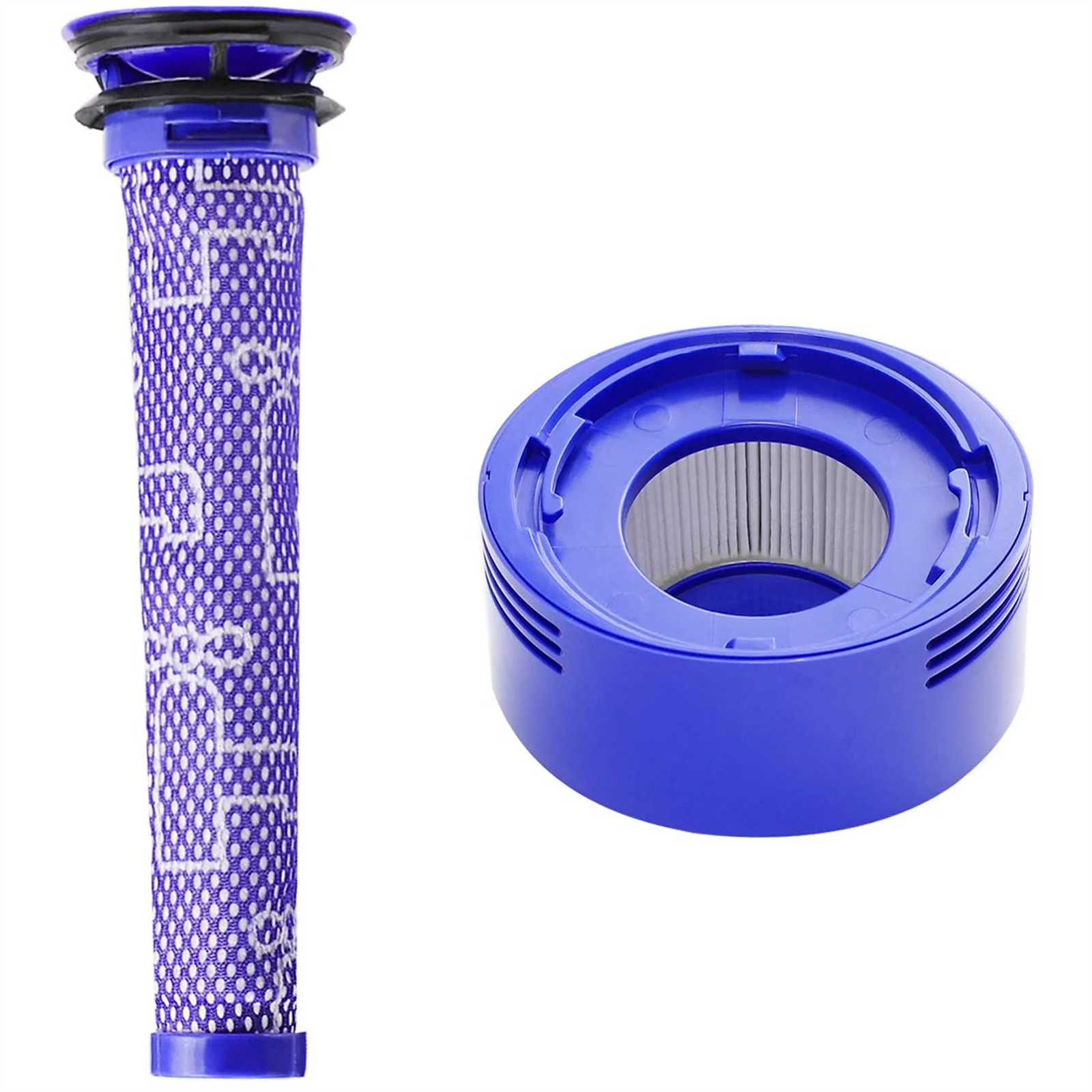Zwei Staubsaugerfilter; einer ist ein langer Zylinder und der andere ist eine blaue Kappe.