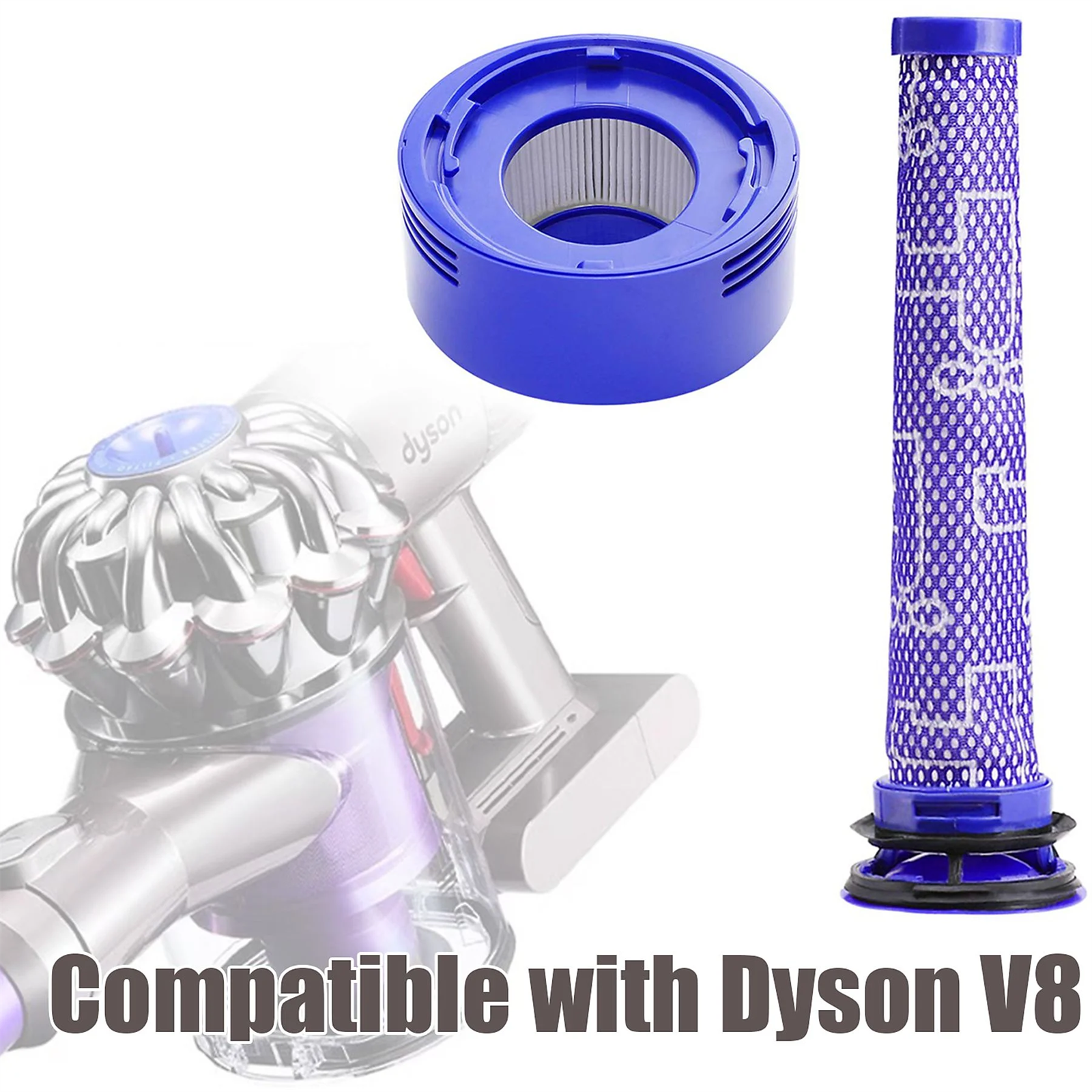 Dyson V8 Staubsaugerteile mit blau-weißem Filter und einem Staubsaugerbild.