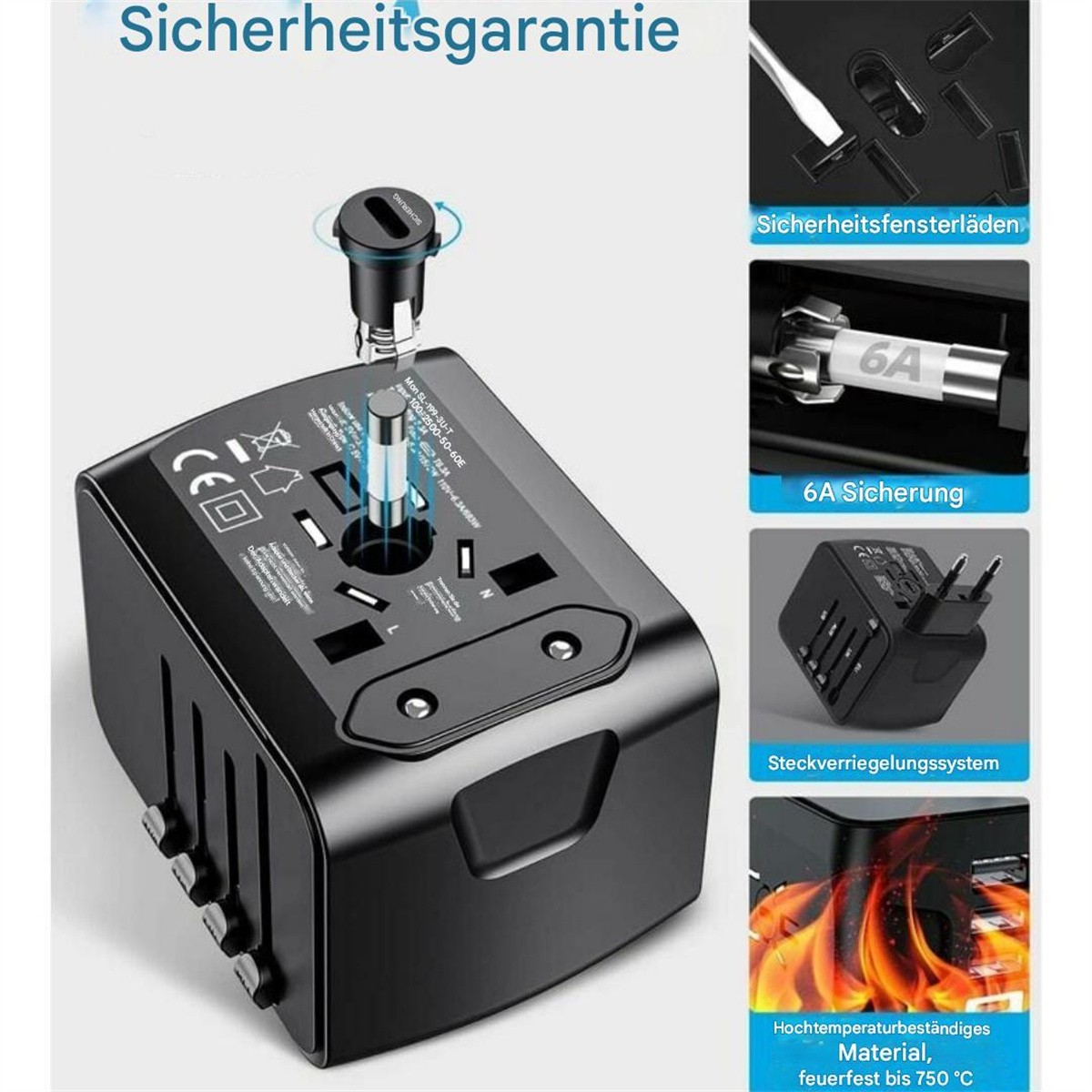 Schwarzer Reiseadapter mit mehreren Steckern und Sicherheitsmerkmalen, mit deutschen Texten.