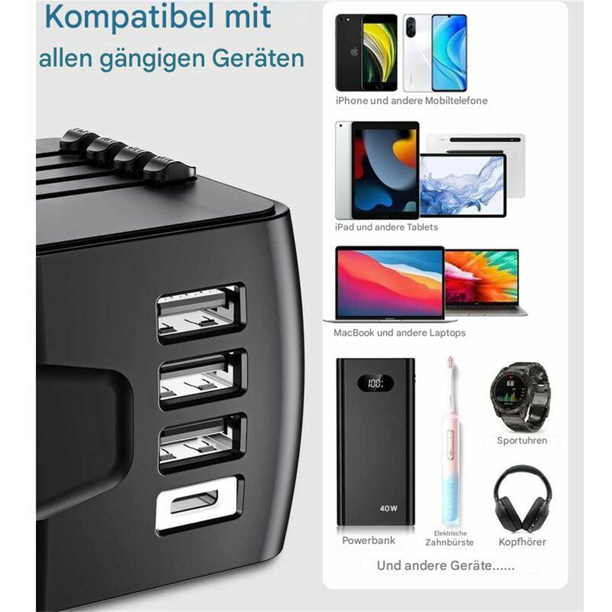 Schwarze USB-Ladestation mit mehreren Anschlüssen und Bildern kompatibler Geräte.