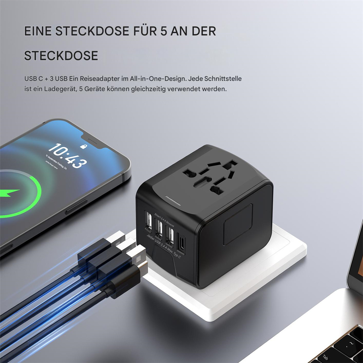 Schwarzer Reiseadapter mit mehreren USB-Anschlüssen und Adaptersteckern.