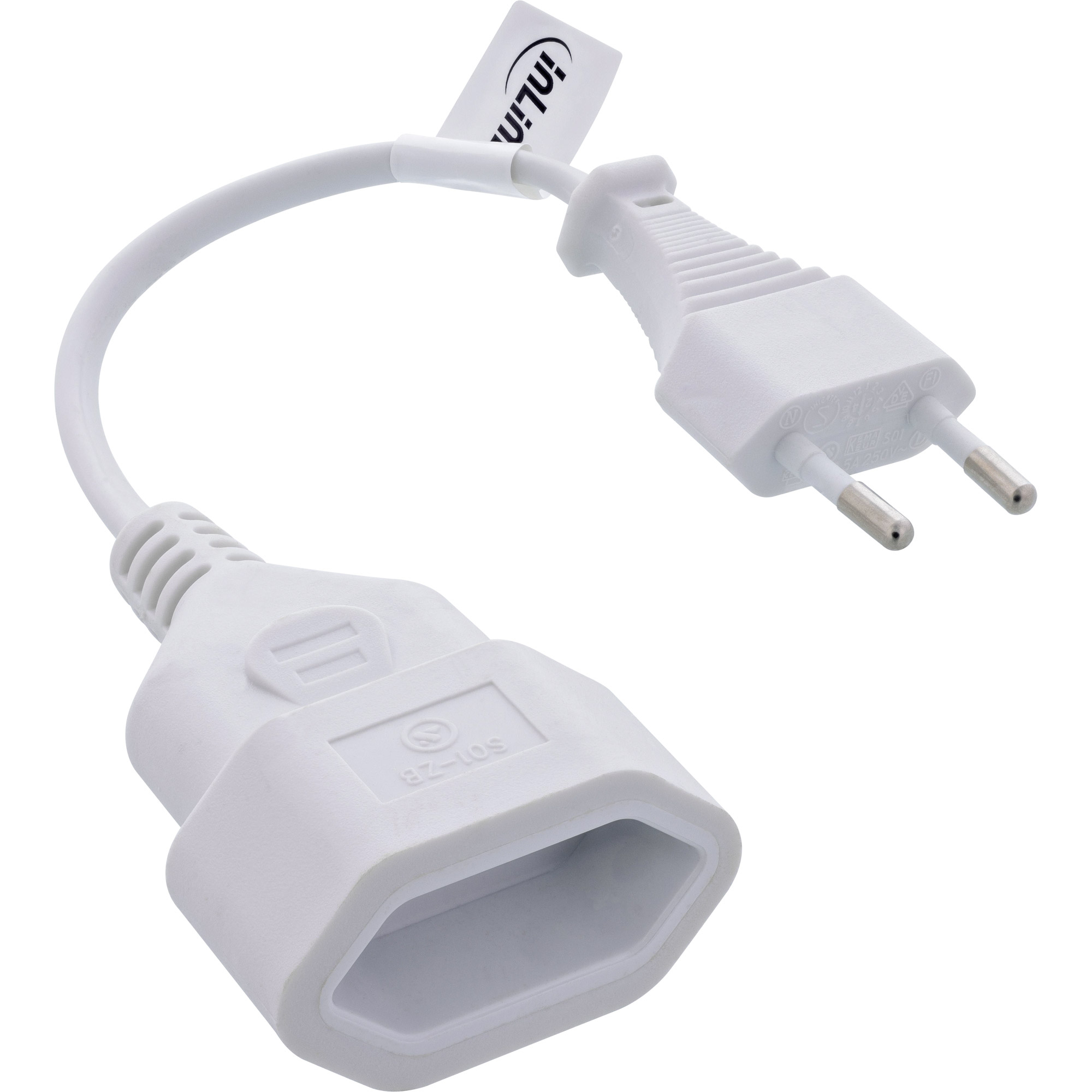 Adattatore di alimentazione bianco con connettore IEC e spina a due poli, su sfondo bianco.