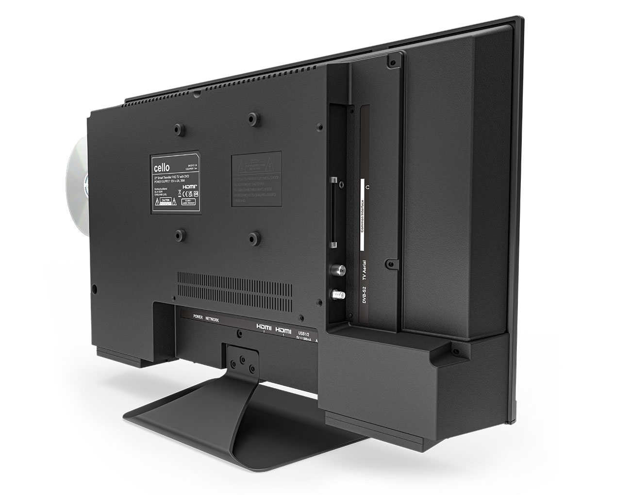 Un televisor Cello negro, mostrando la parte trasera con conectores y un DVD, en blanco.