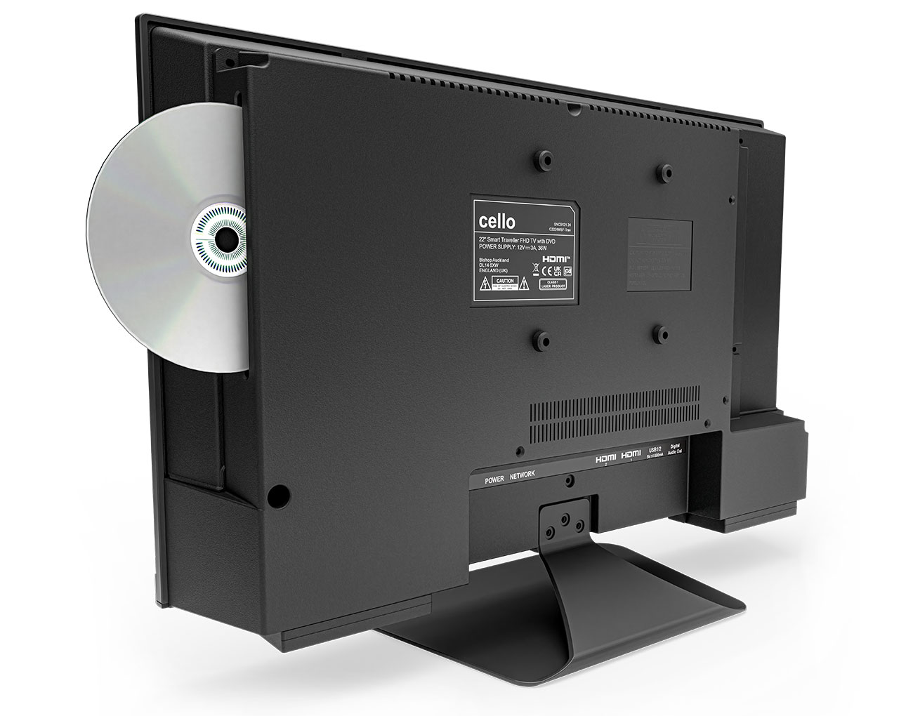 Parte trasera del televisor con etiquetas, puertos HDMI y unidad de DVD con disco insertado.