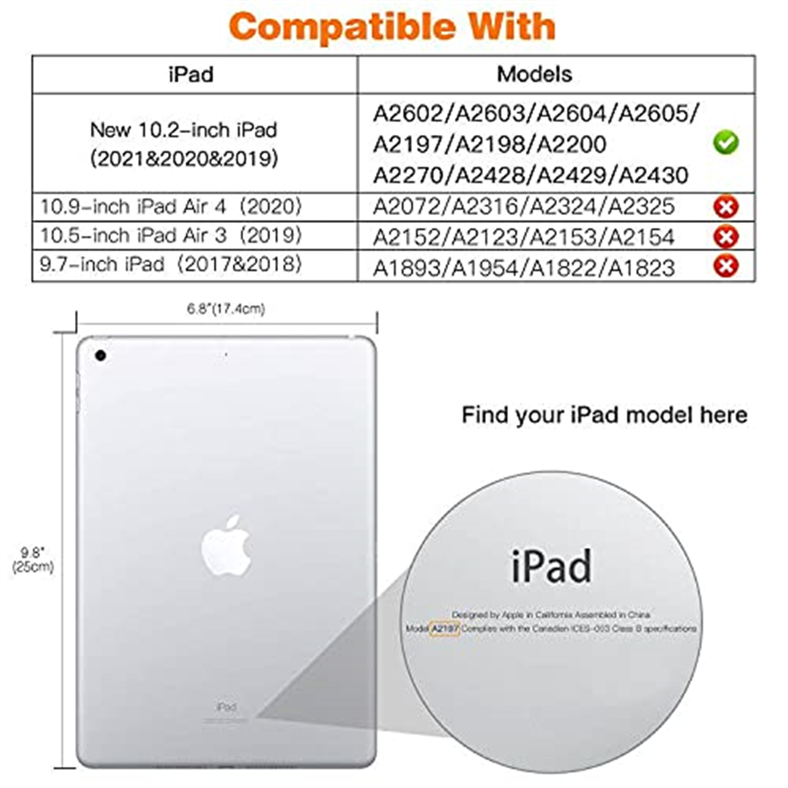 Ein weißes iPad mit dem Text "iPad" und einer Kompatibilitätstabelle.