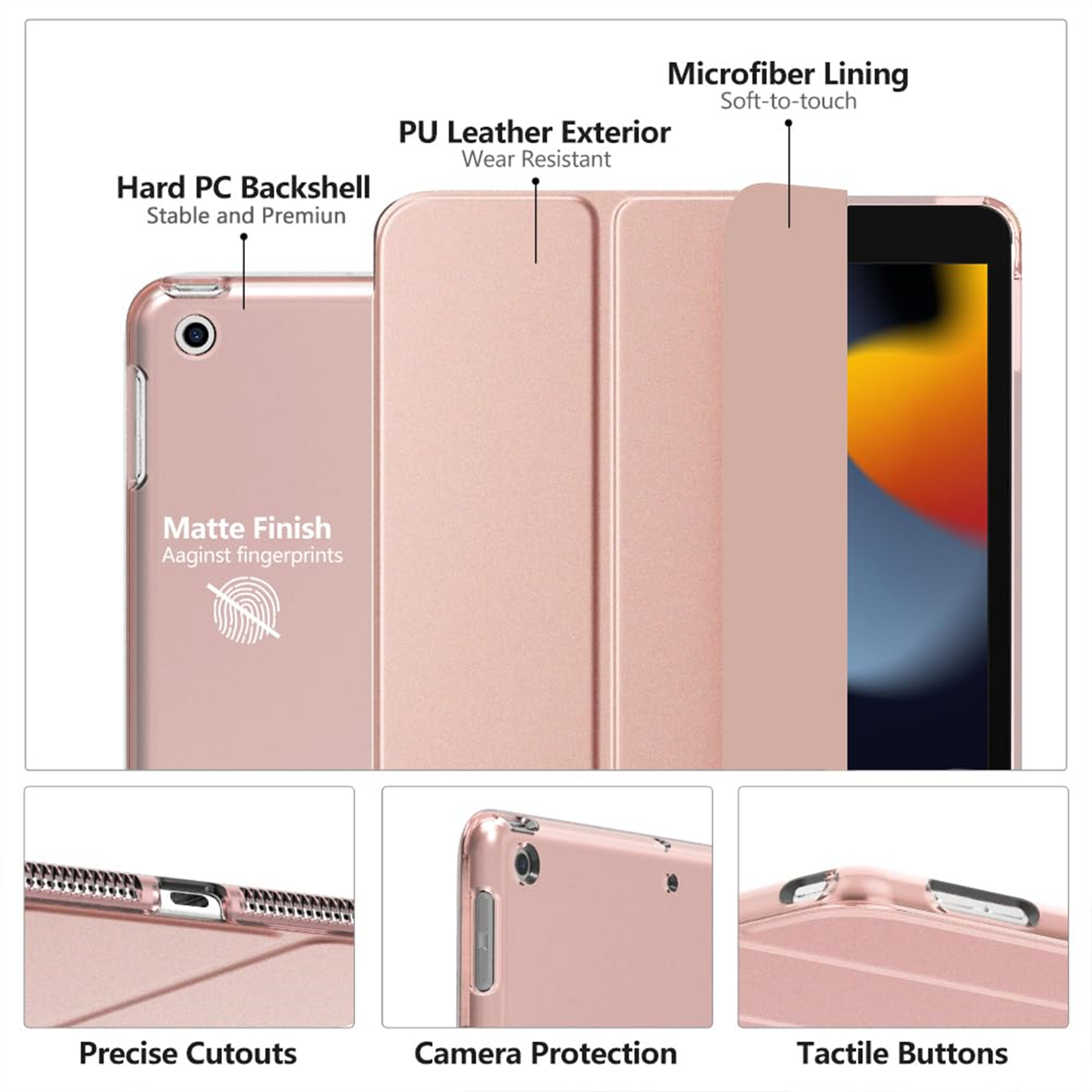 Nahaufnahme einer rosa Tablethülle mit Produktdetails und Etiketten. Sie ist geöffnet.