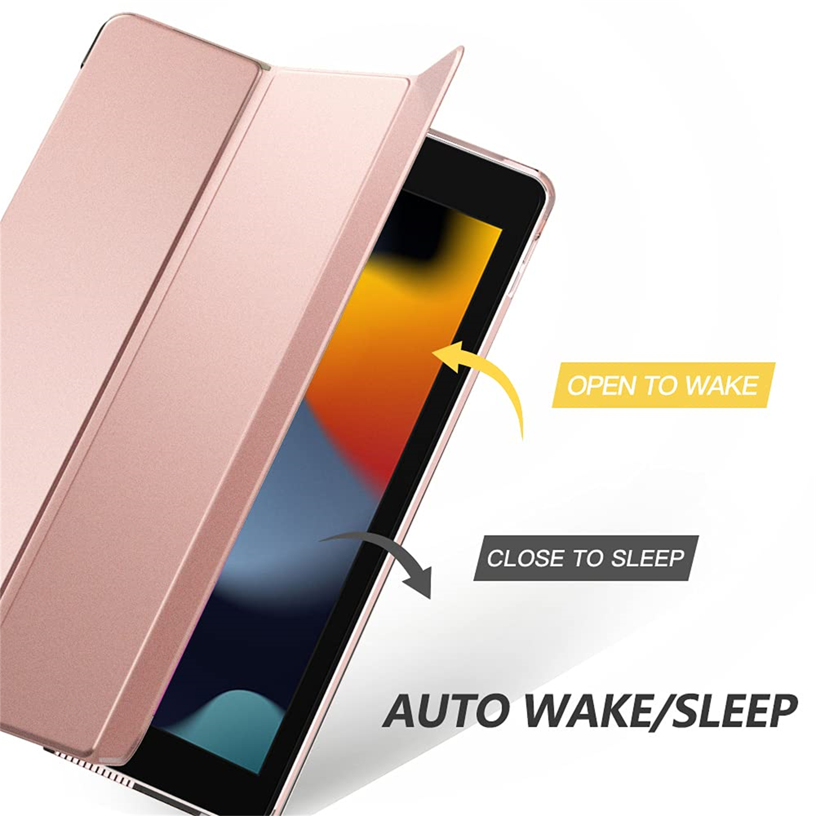 Ein roségoldenes iPad-Case ist geöffnet. Der Text lautet: Zum Aufwecken öffnen, Zum Schlafen schließen.