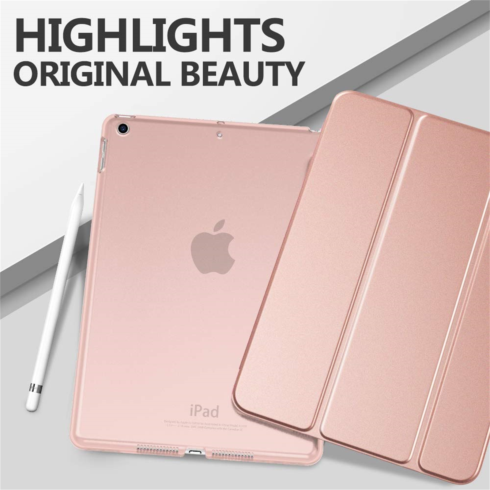 Rosa iPad und offene rosa Hülle mit weißem Stift. Das Apple-Logo ist auf dem iPad sichtbar.