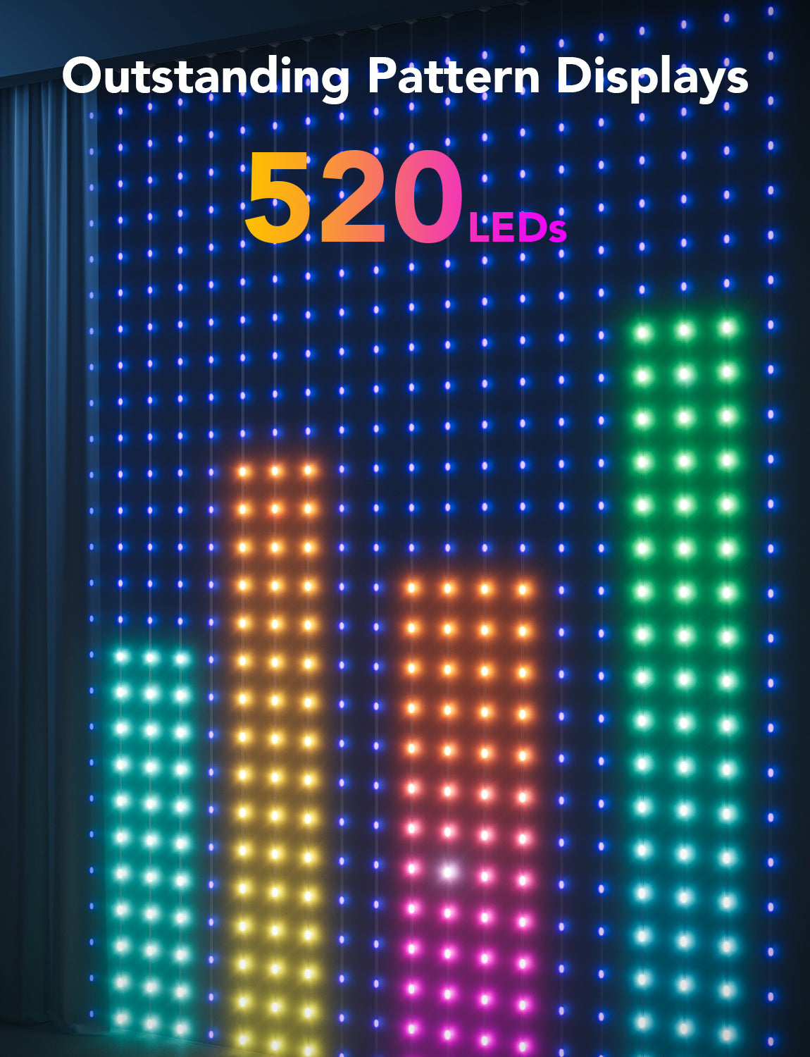 Lumières de rideau LED affichant des motifs colorés. Le texte se lit : Affichages de motifs exceptionnels.