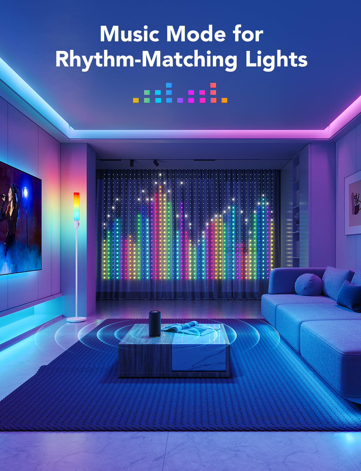 Intérieur avec des lumières changeant de couleur, un canapé et une table basse. Les lumières correspondent à la musique à l'écran.