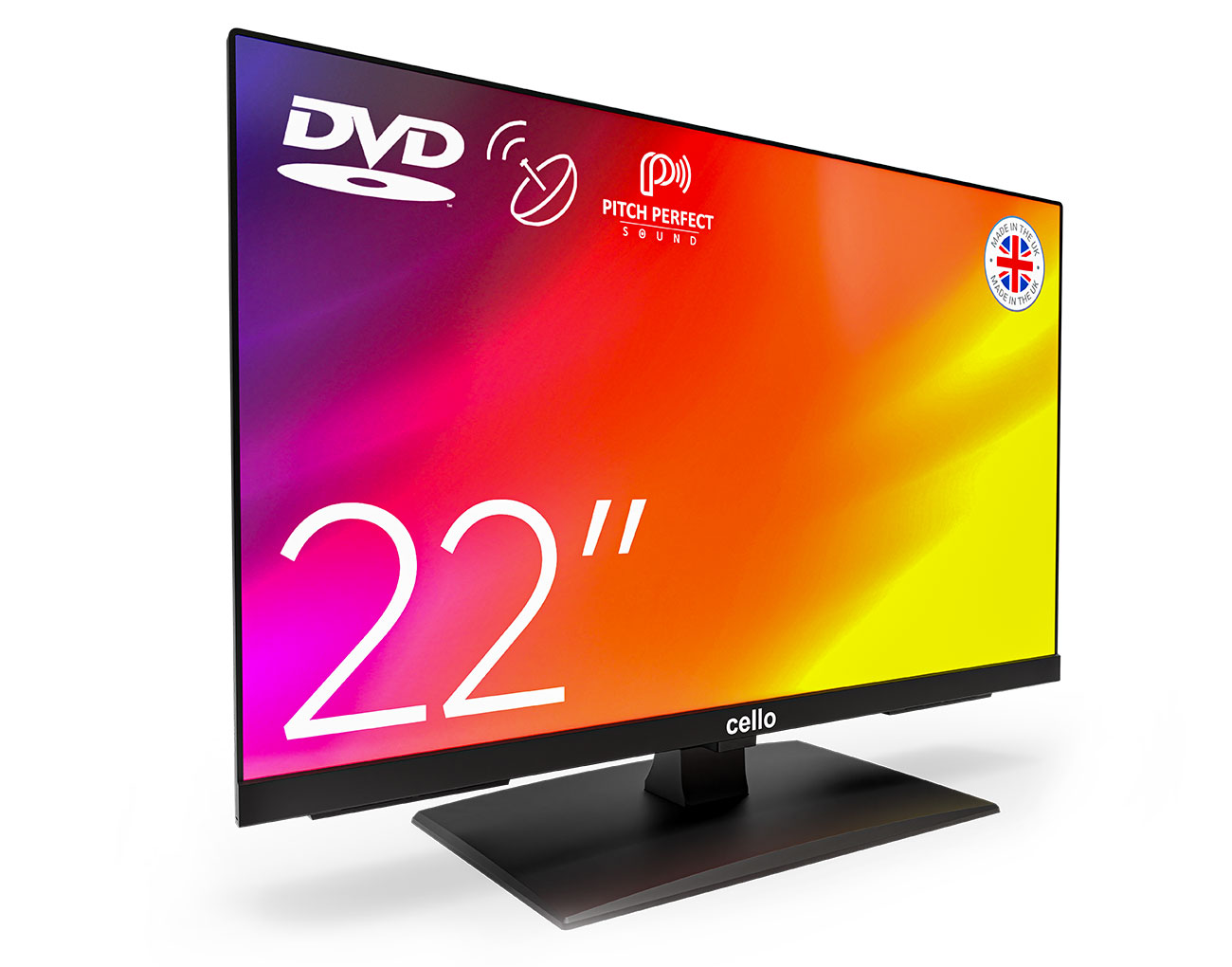 22-Zoll-Fernseher mit schwarzem Ständer und dem Markennamen Cello. Der Bildschirm zeigt ein farbenfrohes Bild.