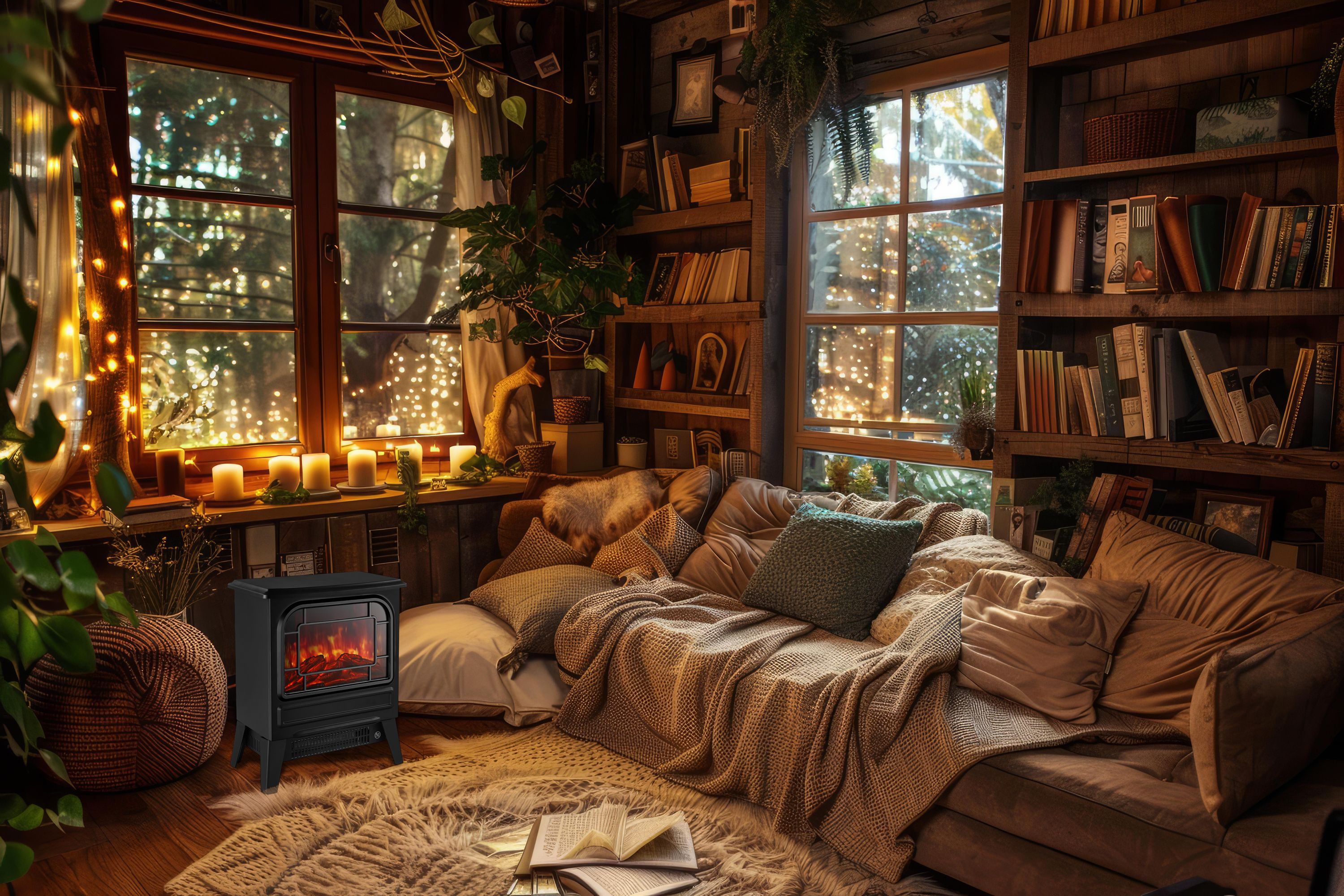 Gemütliches Zimmer mit Kamin, Bücherregalen und Fenstern. Sofa mit Kissen und Decken.