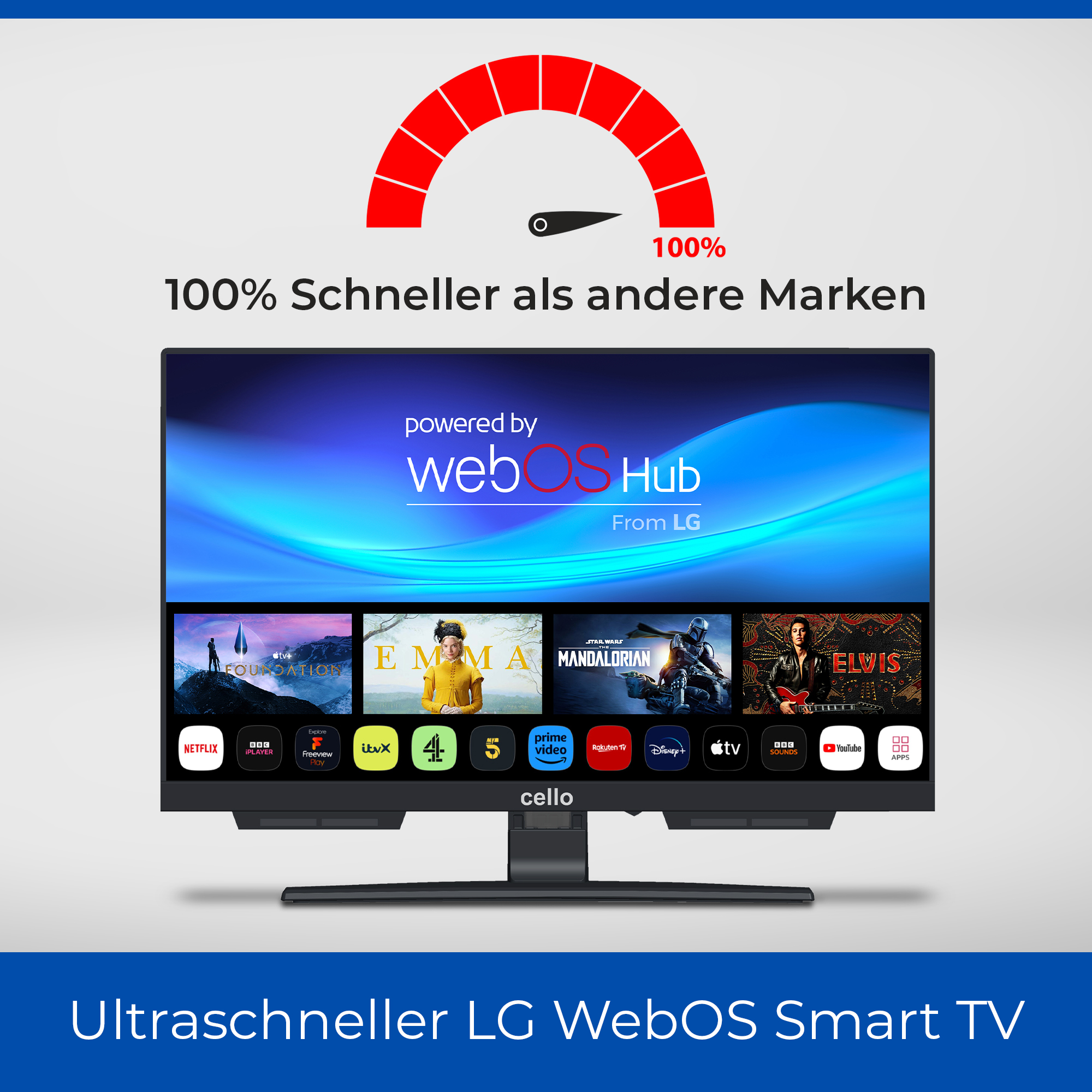 Cello-Fernseher mit Streaming-Apps und einem Leistungsmesser oben.