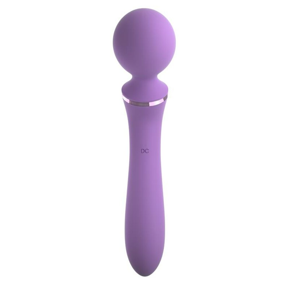 Lilafarbener Vibrator mit rundem Kopf und langem Griff, auf weißem Hintergrund.