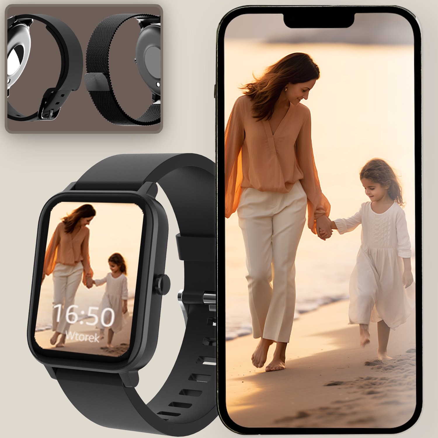 Czarny smartwatch ze zdjęciem na ekranie i telefonem komórkowym.