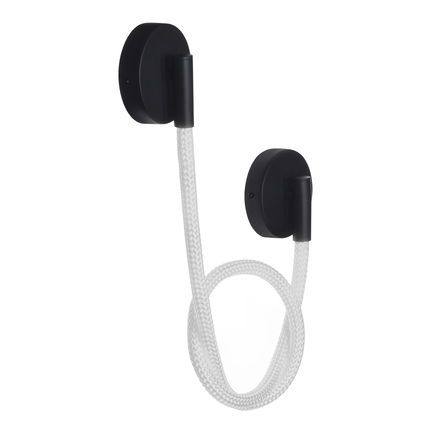 Due supporti a parete. Un cavo bianco attorcigliato li collega. Supporti circolari neri.