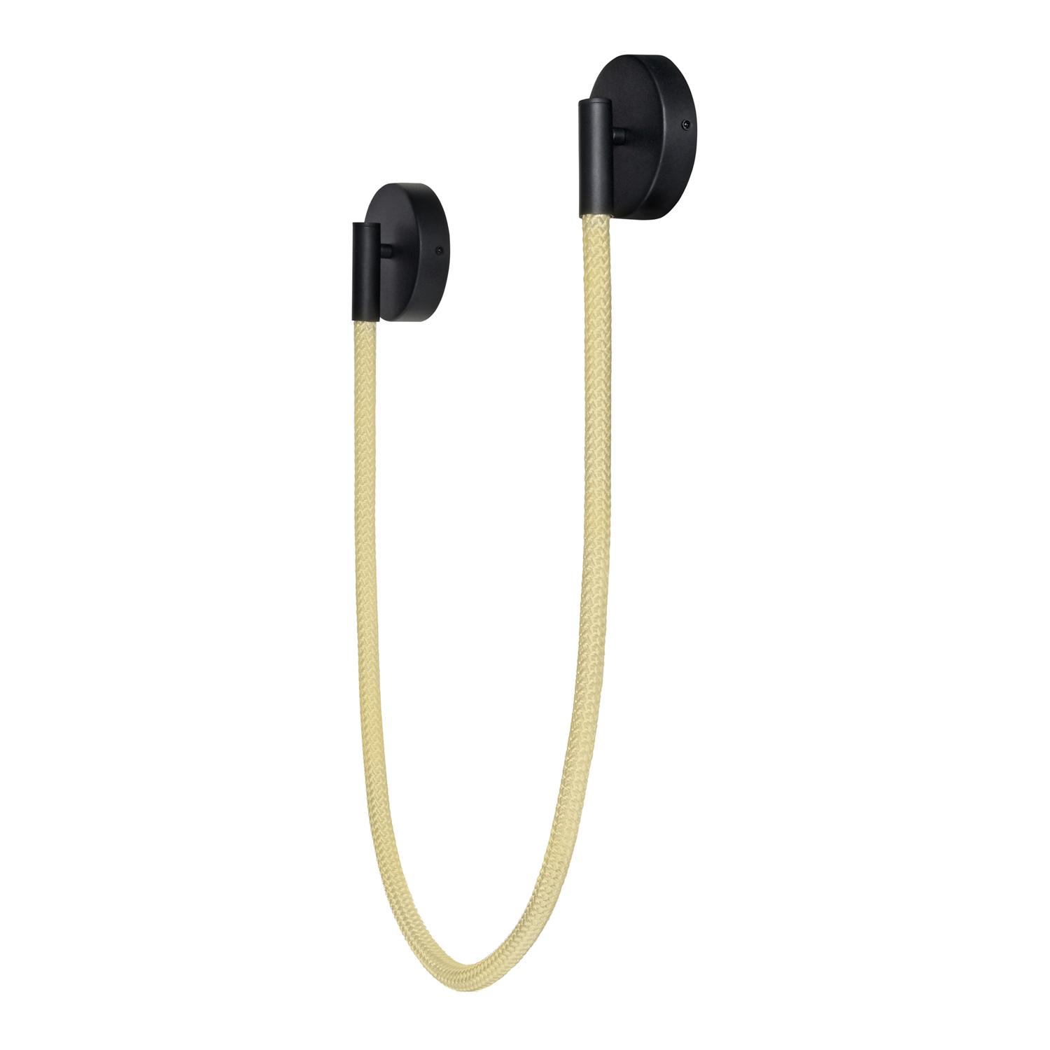 Due applique nere con un design a corda beige, collegate dalla corda.