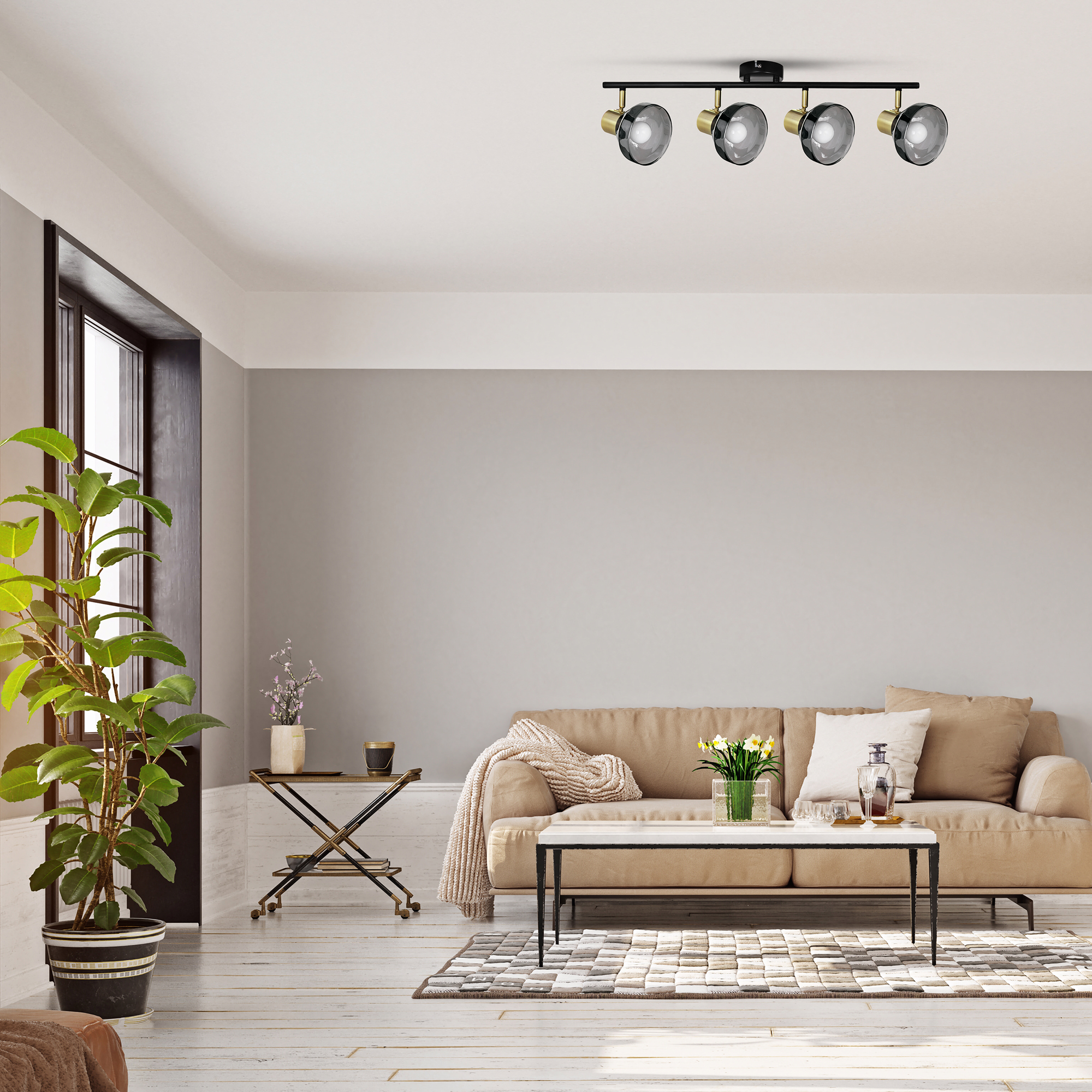 Una sala de estar con sofá, mesa de centro, plantas y una lámpara de techo con cuatro focos.