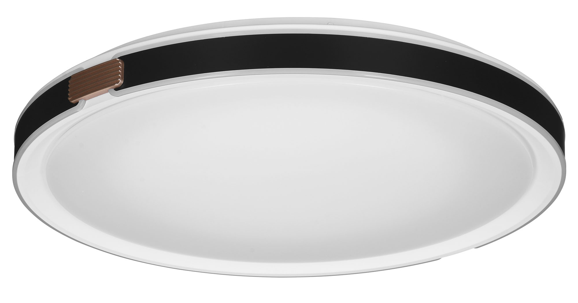 Plafoniera ovale con finiture nere e centro bianco. Sfondo bianco.