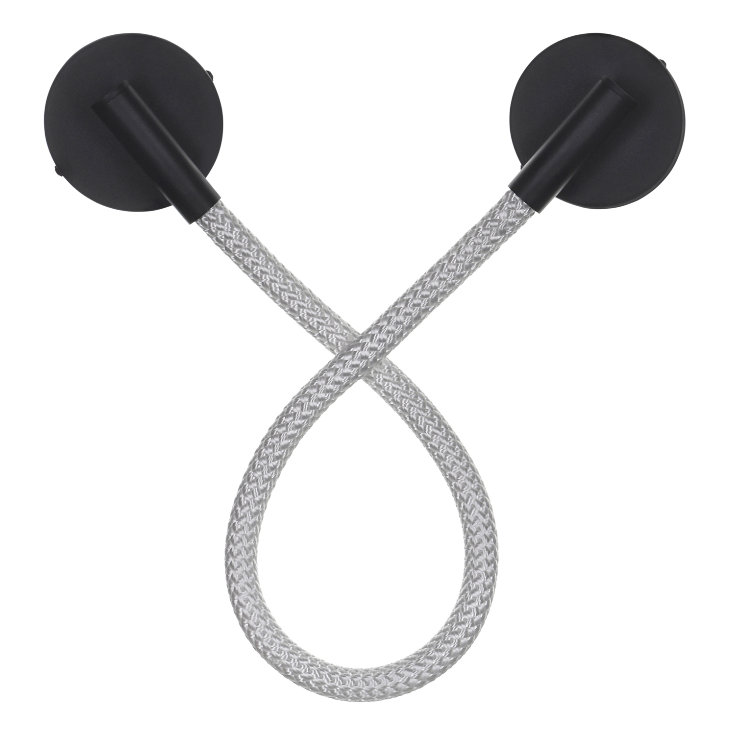 Due luci da parete con cavo intrecciato grigio. Apparecchi neri. Sfondo bianco.
