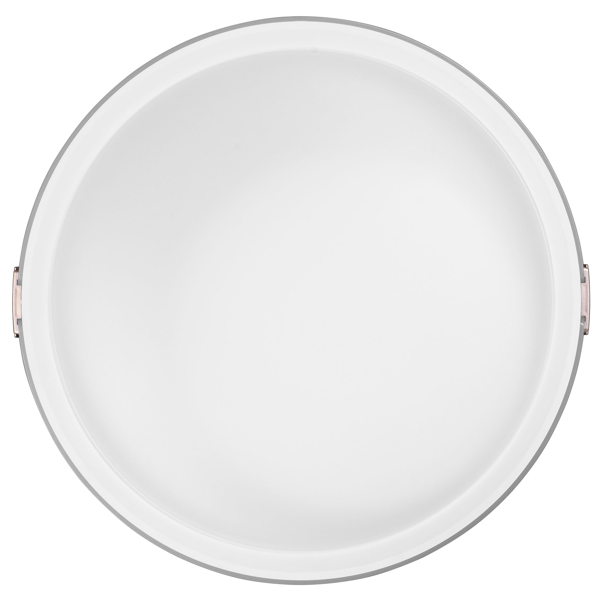 Vassoio rotondo bianco con bordo argentato, su sfondo bianco. Due piccole maniglie argentate.