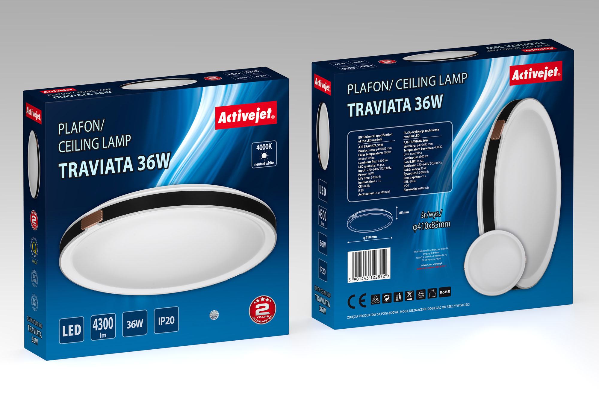 Due scatole di una lampada da soffitto, che mostrano il design e le caratteristiche del prodotto.