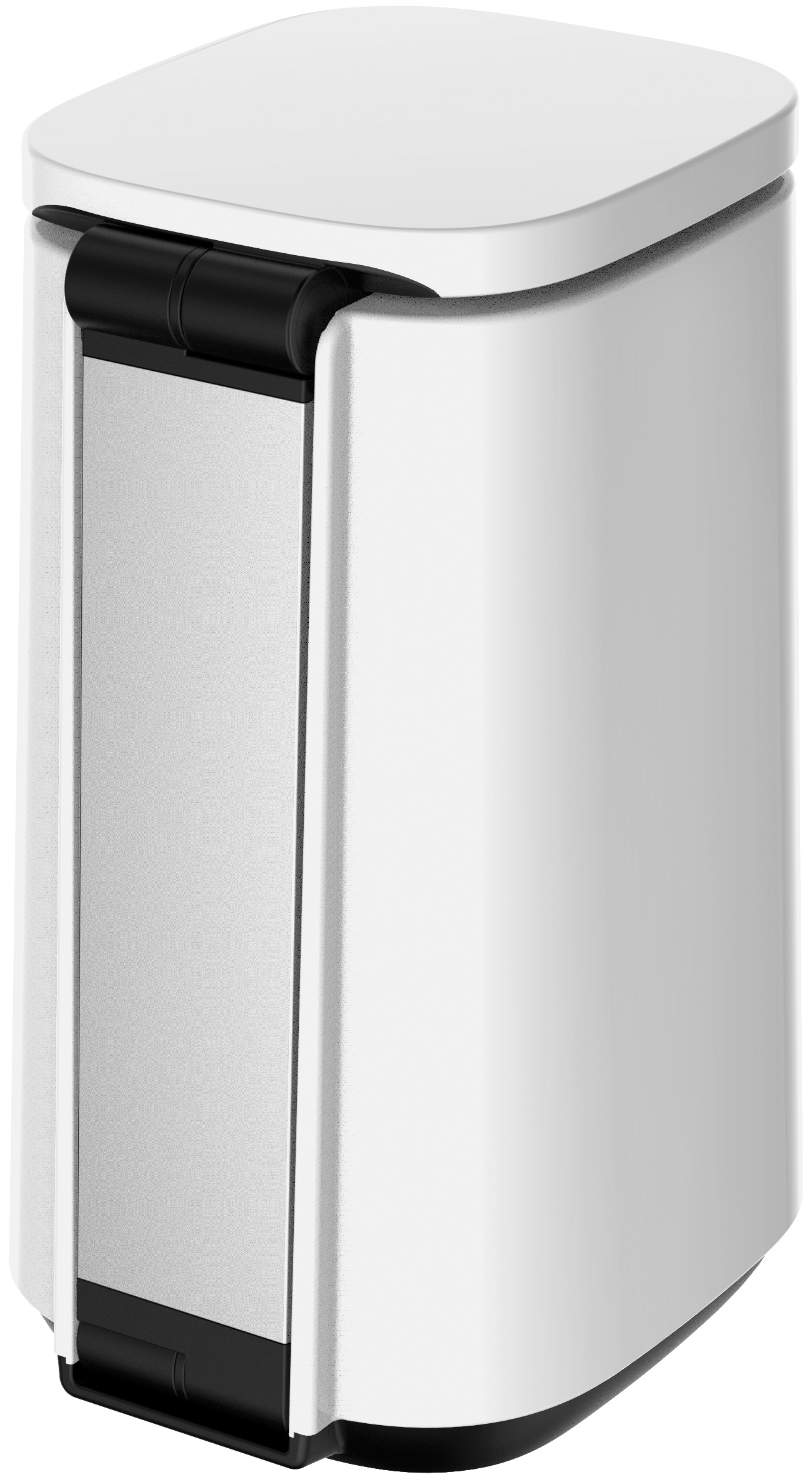 Biały, kwadratowy kosz na śmieci z czarną górą i czarnym akcentem z boku.