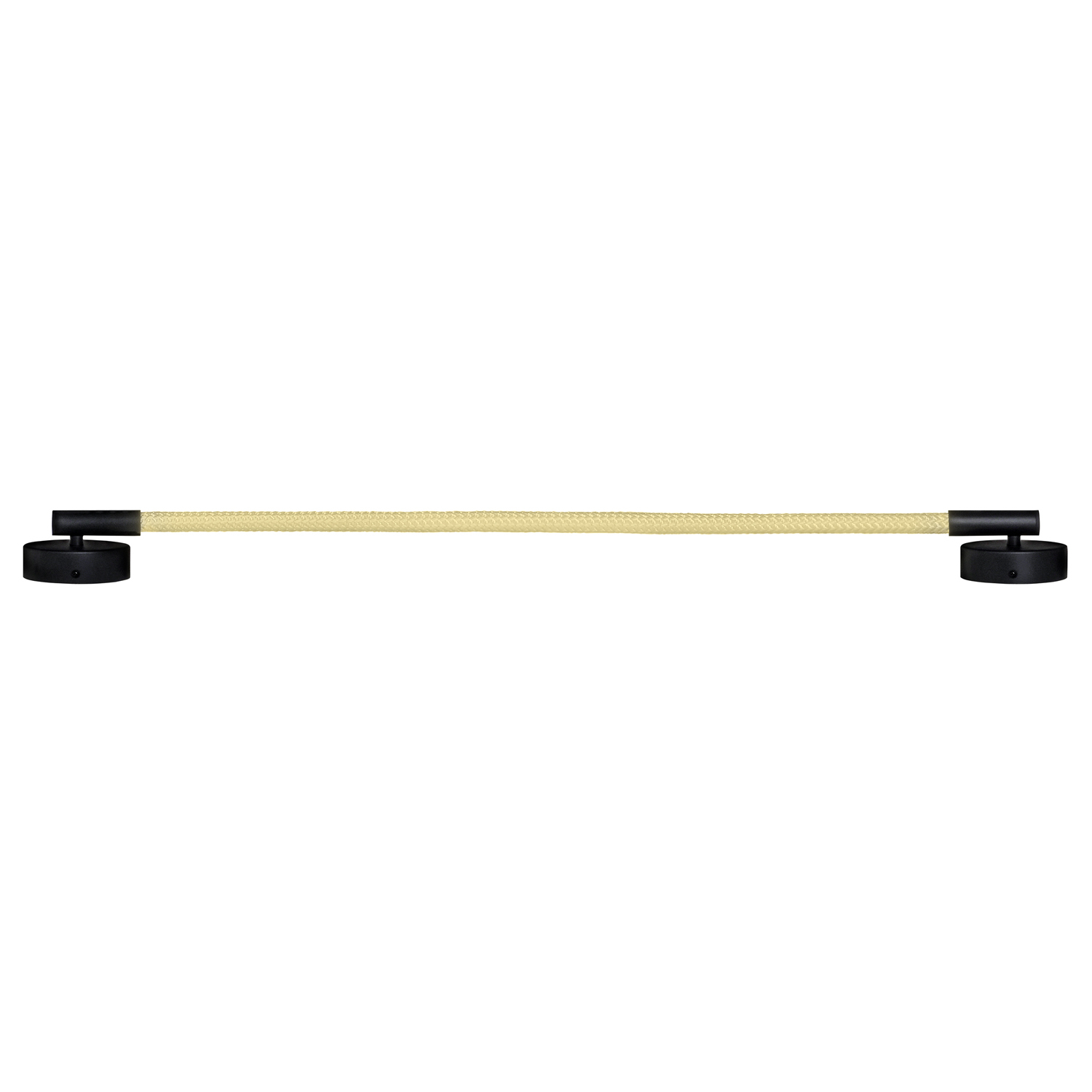Applique murale avec deux supports circulaires noirs et une corde beige droite. Fond blanc.
